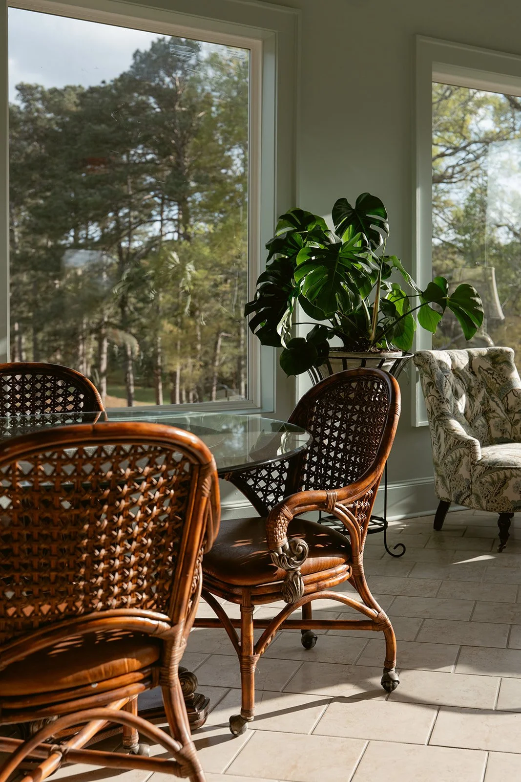 Sunlit interior with wicker chairs surrounding a glass table, large window showing trees outside, large potted monstera plant, and a floral armchair.