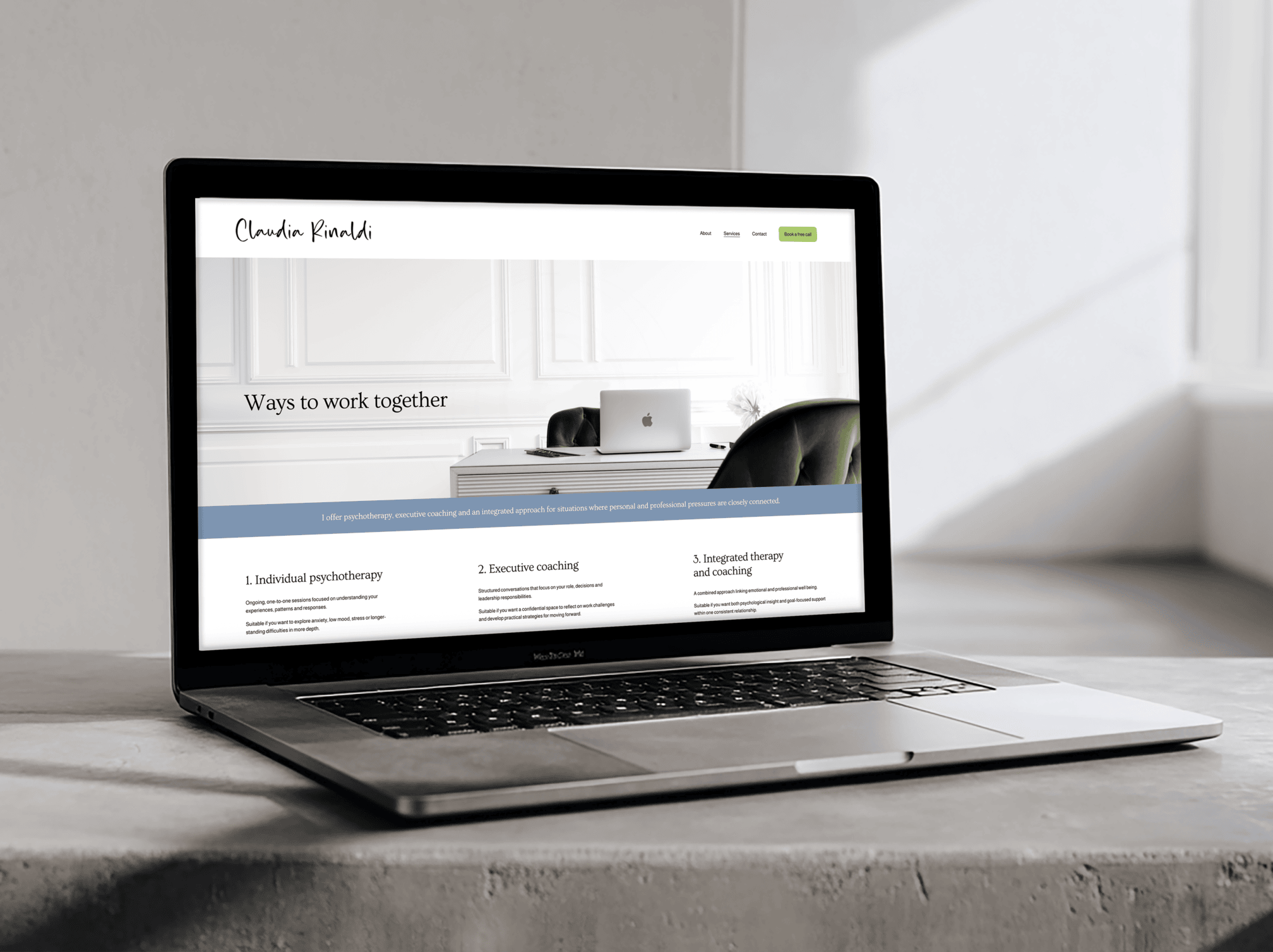 An open laptop showing a Squarespace example website of a Consultants ways to work together