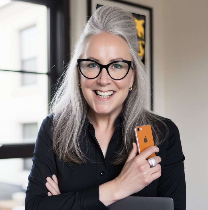 Image of a professional website designer stood holding laptop and phone