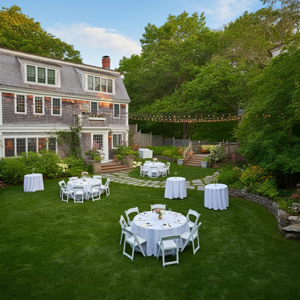 Decorated backyard with round tables covered in white tablecloths, set for an outdoor event, with a multi-story house in the background, string lights hanging above, and lush green trees and shrubs surrounding the area.