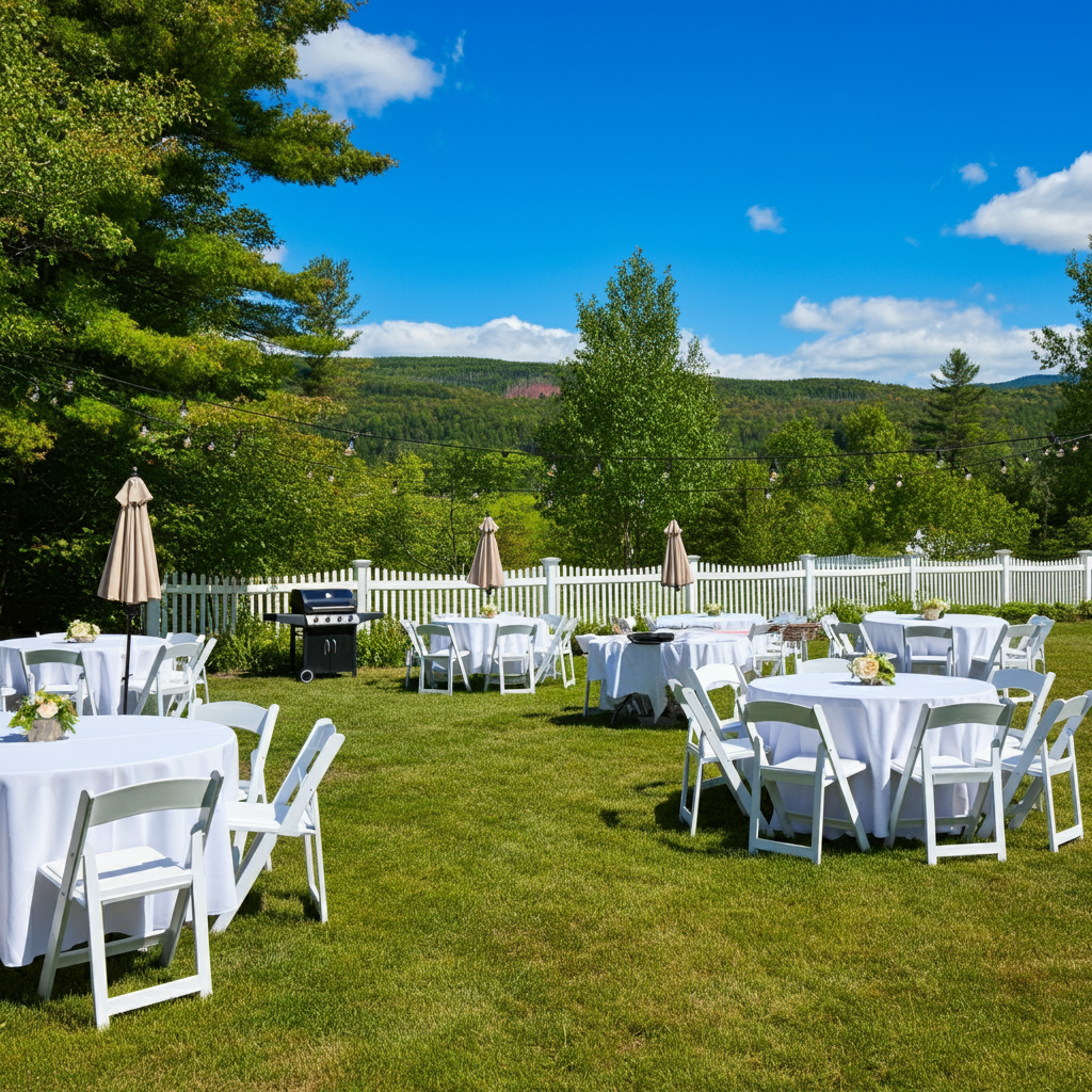 Outdoor celebration setup with round tables covered with white tablecloths, surrounded by white chairs, beige umbrellas, string lights, a black grill, and a white picket fence in a green yard with trees and mountains in the background under a blue sk
