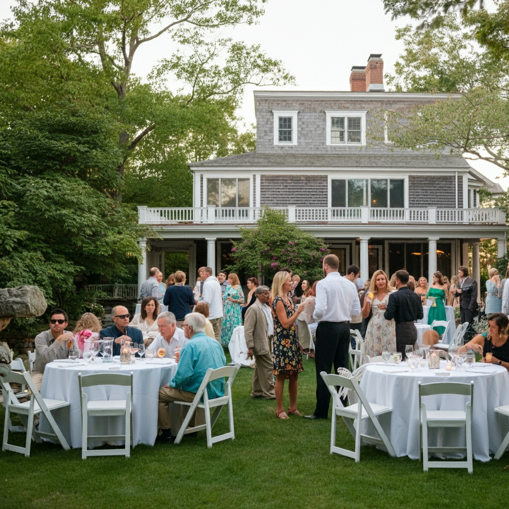 Guests celebrating at an outdoor wedding reception with white round tables, on a lawn in front of a large house with a wrap-around porch, surrounded by trees.