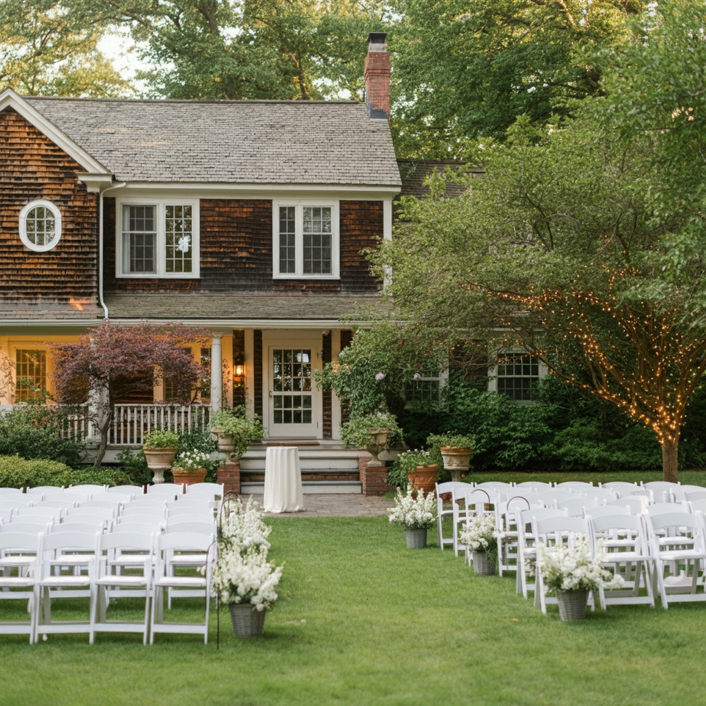 Outdoor wedding ceremony setup in front of a house with white chairs arranged in rows, decorated with white flowers and potted plants, with a backdrop of trees and the house's porch with string lights on a tree.