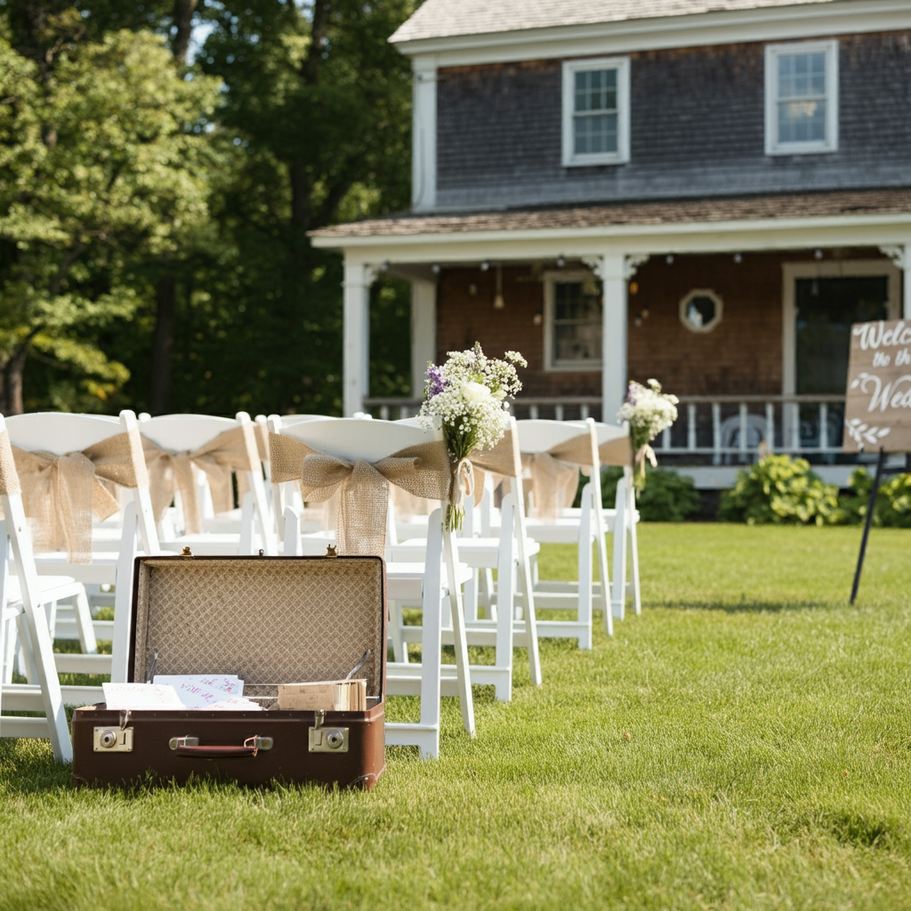 Outdoor wedding setup with white chairs decorated with burlap bows and flowers, an open vintage suitcase with wedding items inside, on a grassy lawn in front of a house with a porch, trees in the background, and a sign welcoming guests.