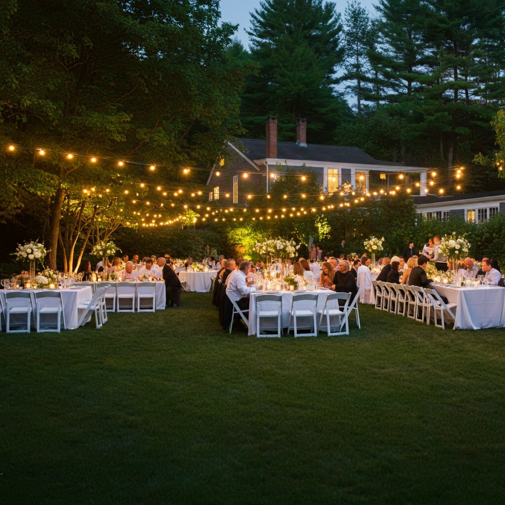 Outdoor evening dinner party with guests seated at long tables decorated with floral centerpieces, string lights overhead, surrounded by trees and a house in the background.