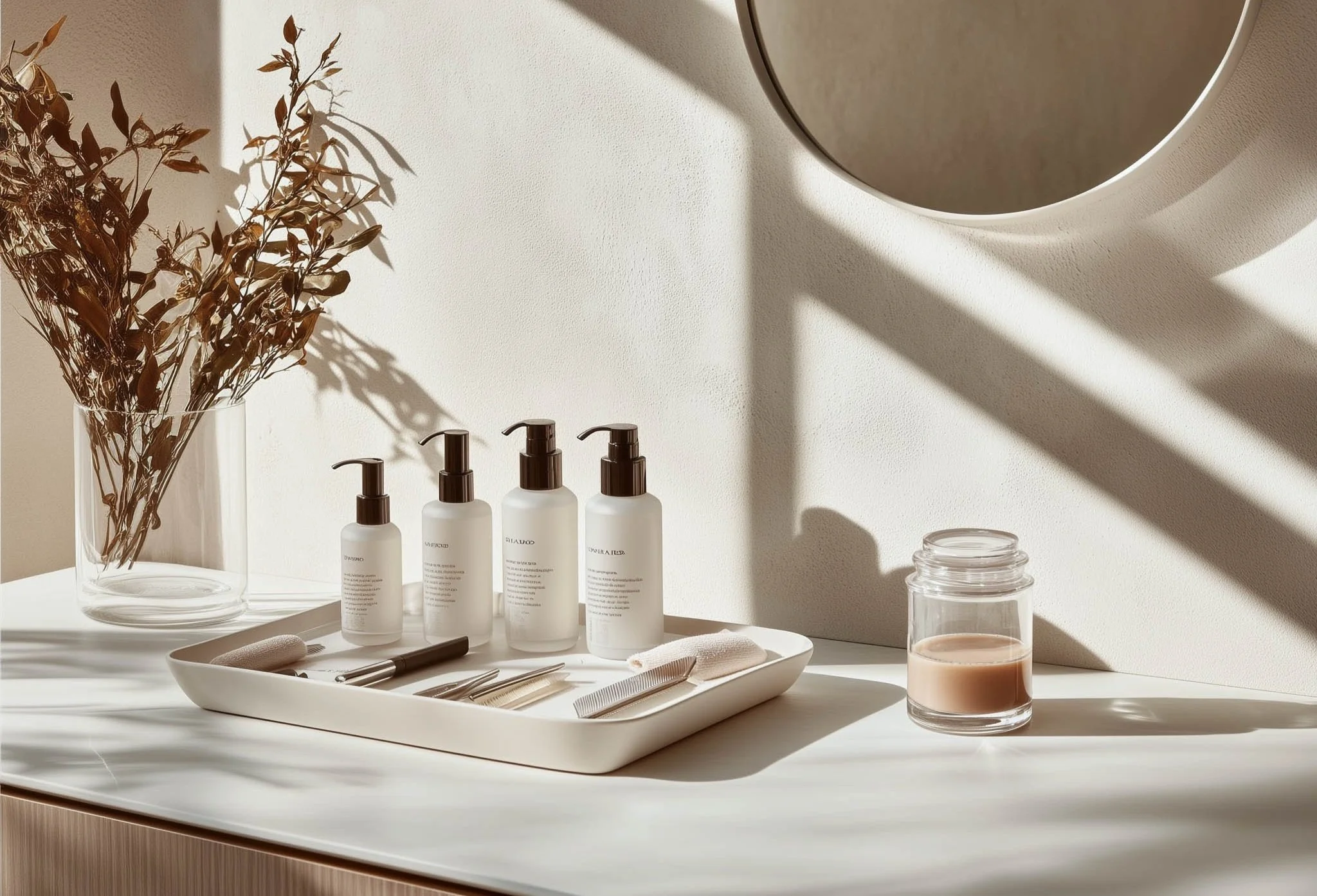 A collection of skincare or beauty products, including four white bottles with pumps, a small jar of cream, and a glass of creamy beverage, arranged on a white tray on a white surface with a vase of dried leaves, and a mirror casting shadows on the wall.