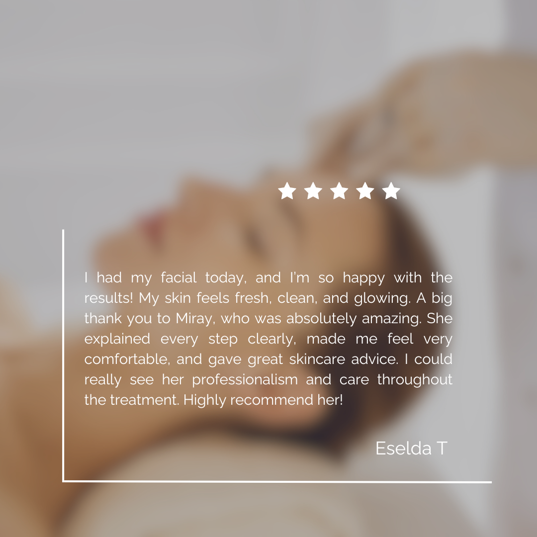 Blurred image of a woman lying down, receiving a facial treatment, with overlaid text of a positive review about a skincare session.