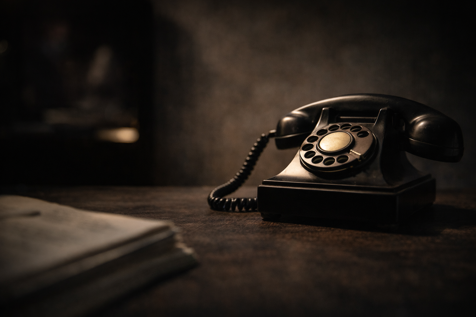 Old black rotary telephone on a dark wooden desk with a pile of papers in the foreground