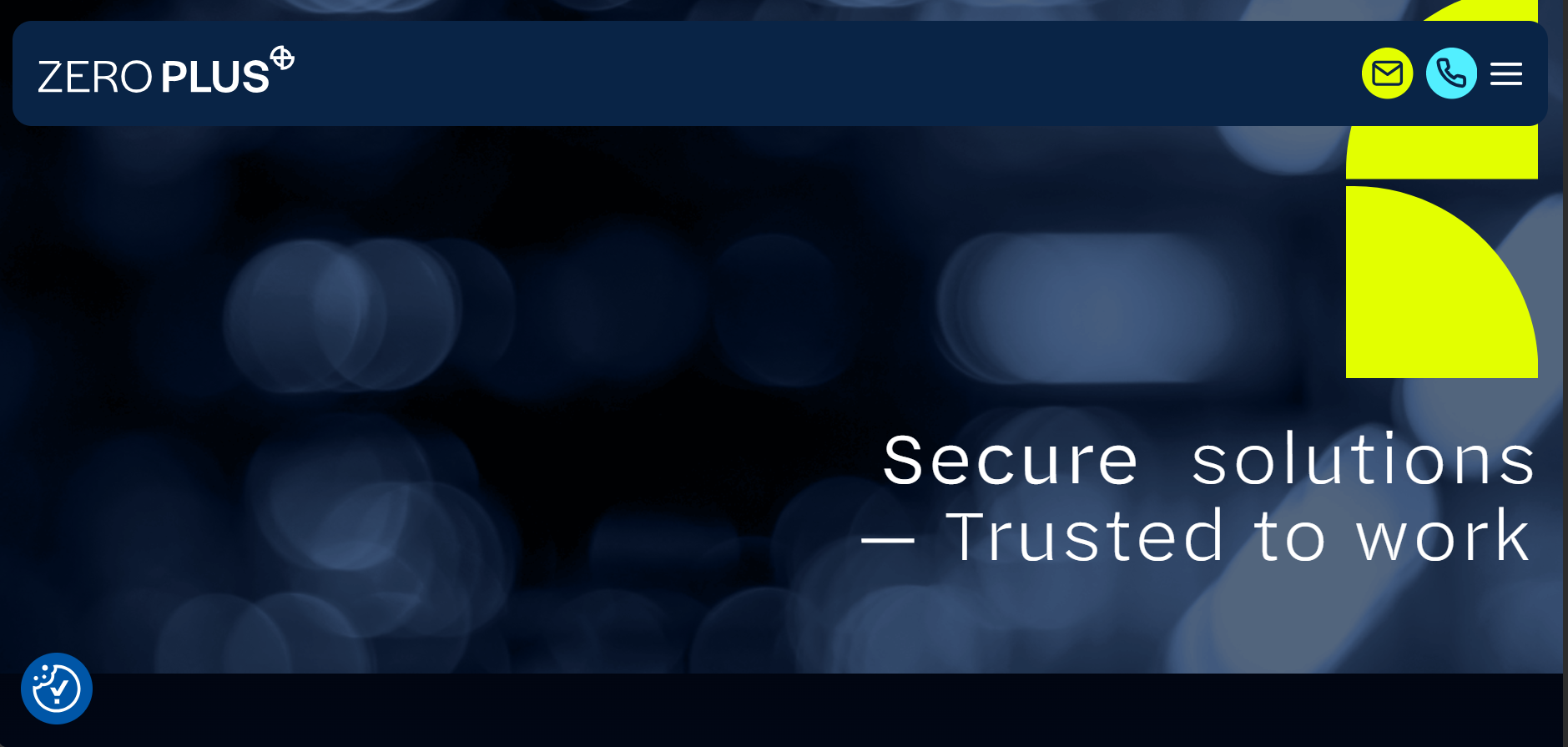 Zero Plus website homepage with the website's logo, contact icons, and a dark blurred background. Text on the page reads 'Secure solutions — Trusted to work'.