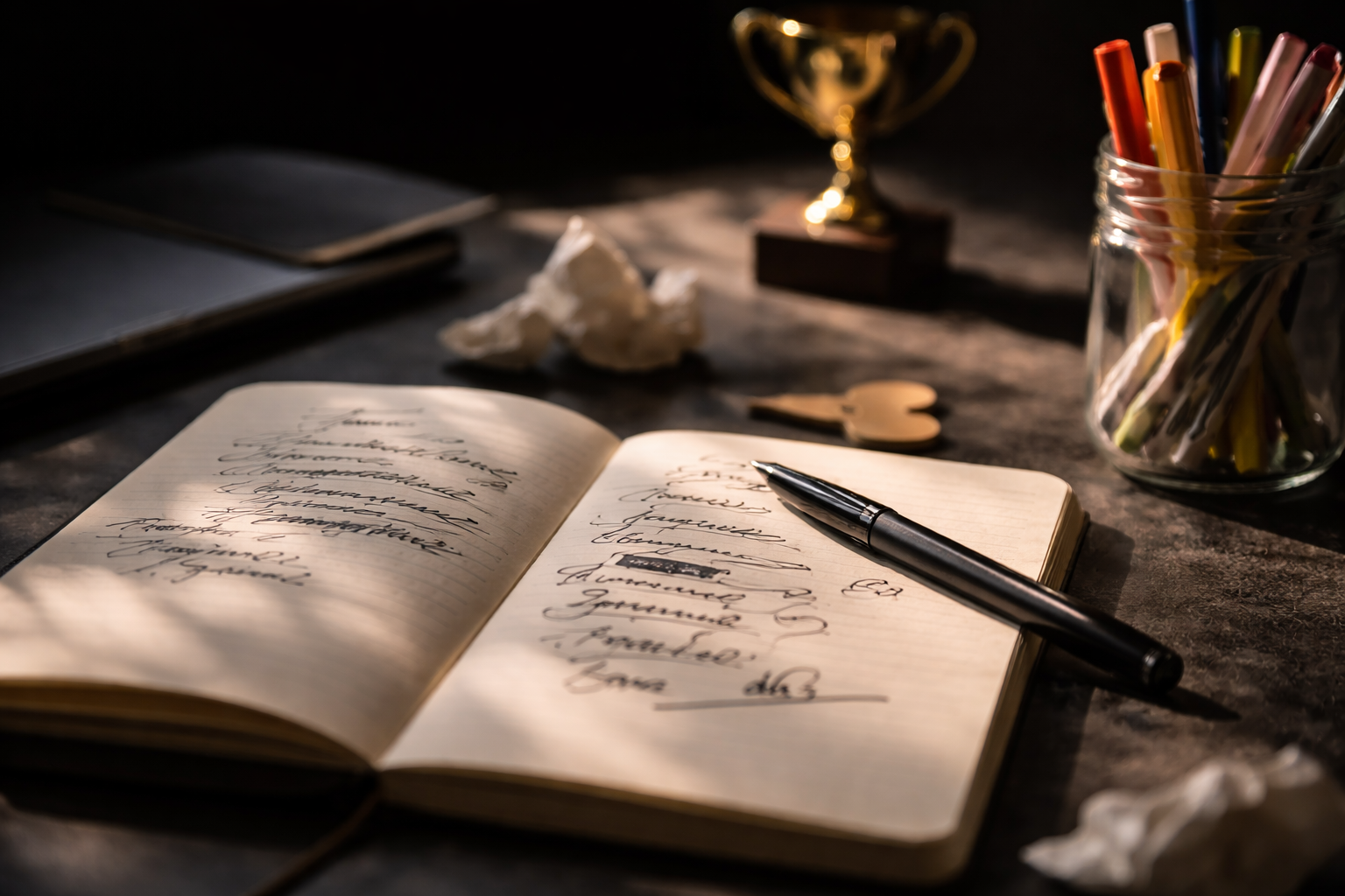 Open notebook with handwritten notes, a pen resting on it, crumpled paper, a glass jar filled with colored pens, a trophy, and scattered papers on a dark surface.