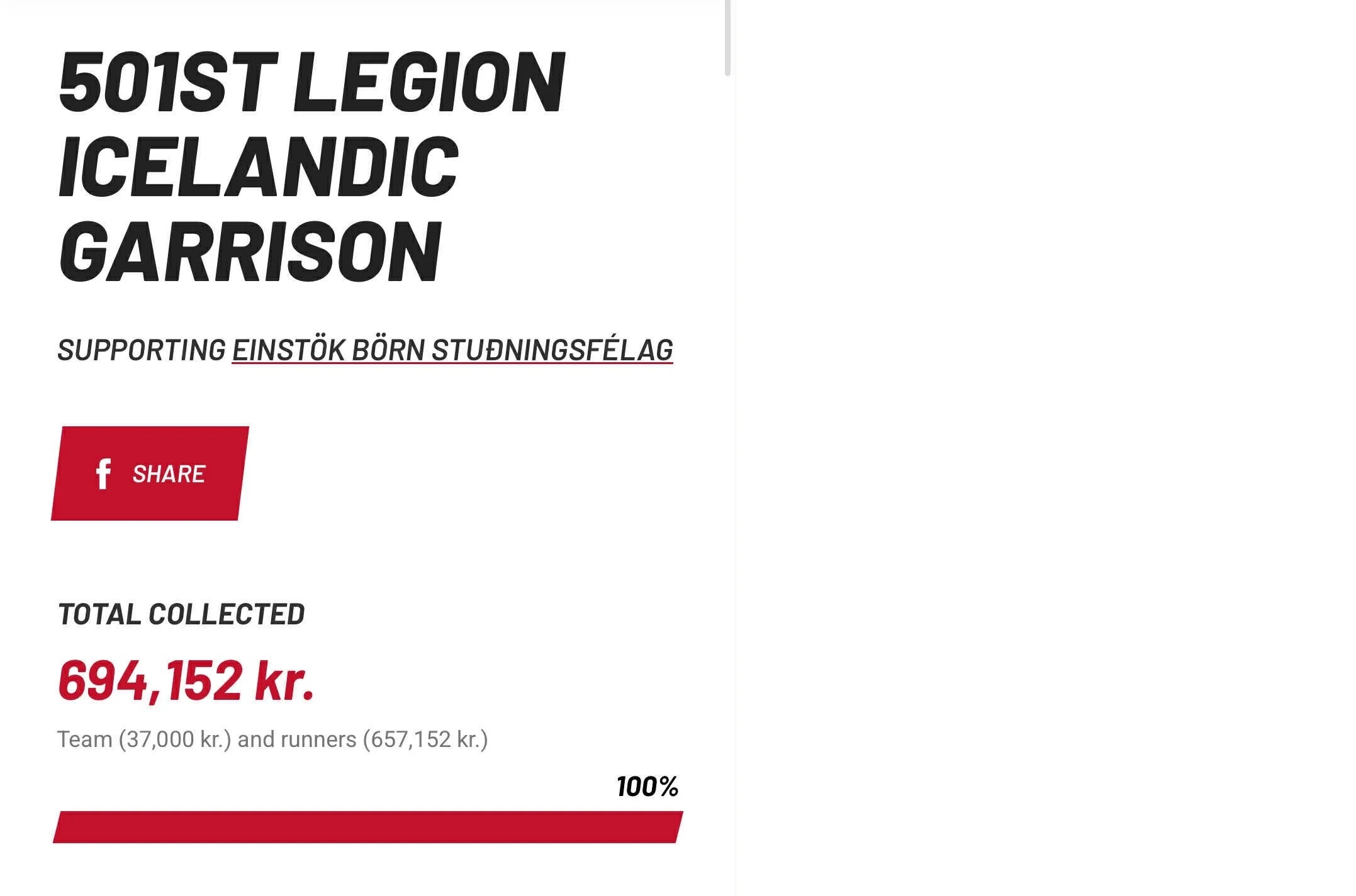 Fundraising website page for 501st Legion Icelandic Garrison with total amount collected of 694,152 kr, supporting Einstök Börn Studningsfélag, featuring a Facebook share button and a progress bar at 100%.