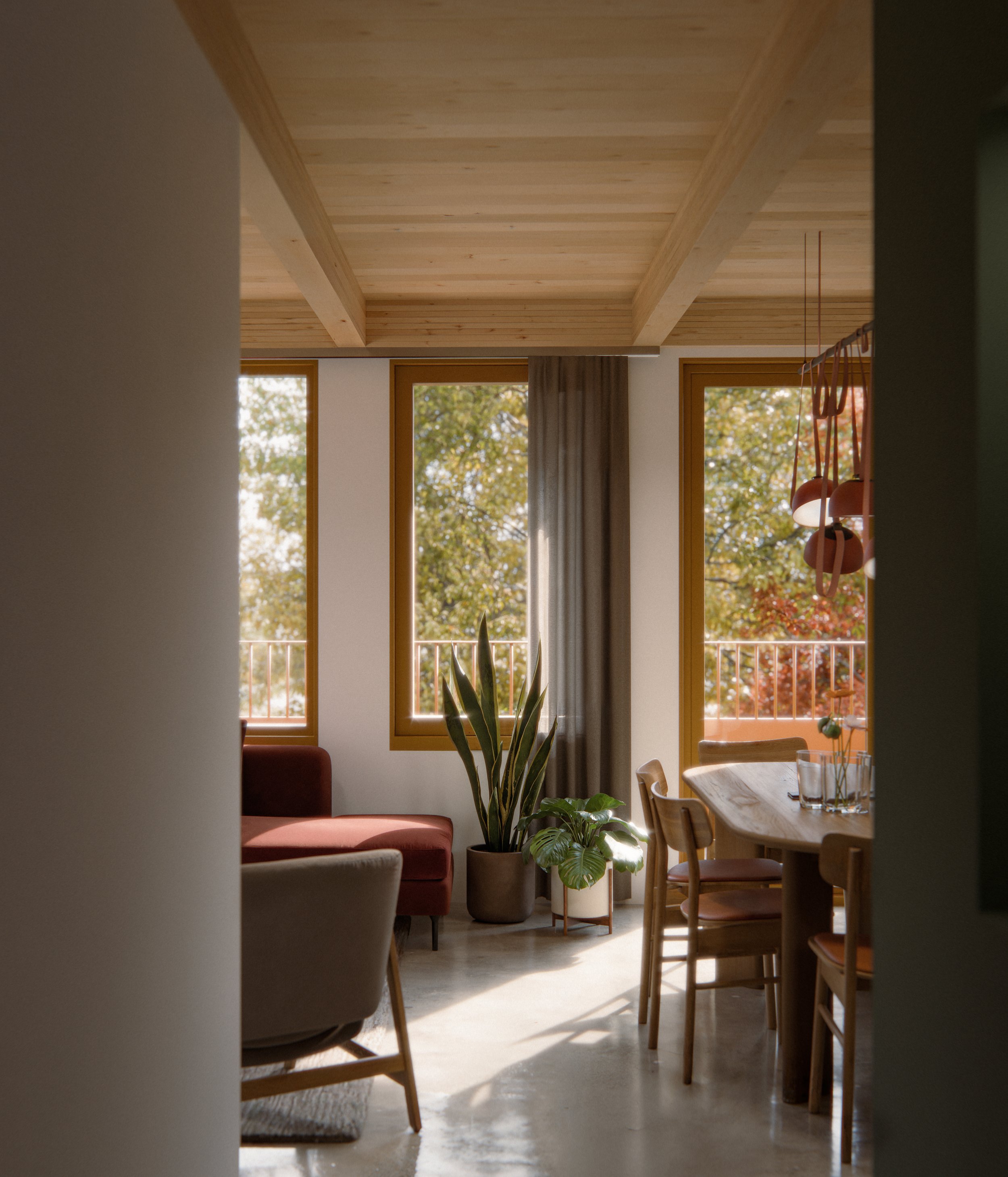 Interior view of a living and dining area with large windows, wooden ceiling, and potted plants.
