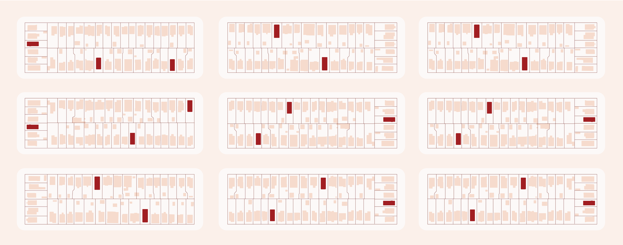 Multiple maps with highlighted areas in red, arranged in a grid pattern, likely showing infill and missing middle housing intensification within an existing neighborhood.