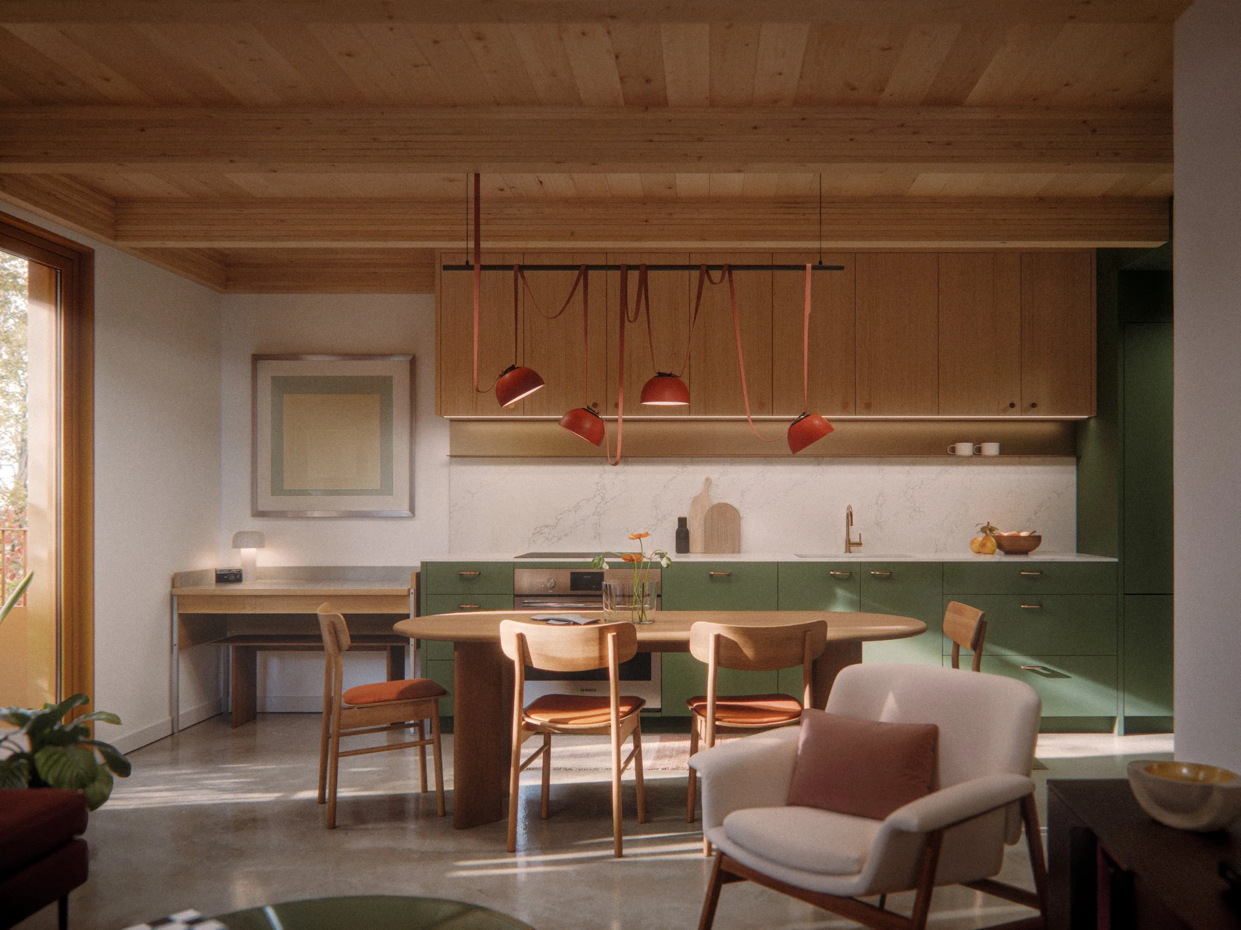 A modern kitchen with wooden ceiling and green lower cabinets, white marble backsplash, and a wooden dining table with matching chairs. Pink pendant lights hang above the table. A white armchair with a pink pillow is in the foreground.