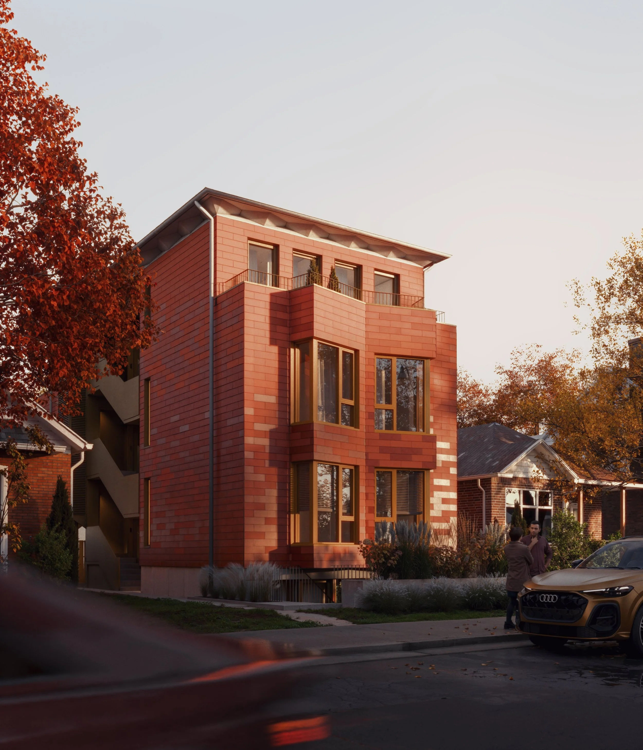 A modern, missing middle terracotta colored residential building with large windows, surrounded by trees with autumn leaves, and a street scene with two people talking and a parked gold-colored Audi car.