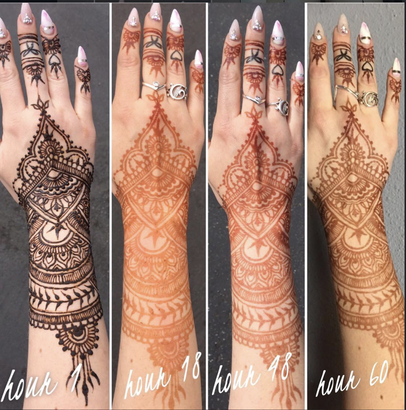 Sequence of four images showing black and orange henna designs on a hand, labeled with different hour markers: 1 hour, 18 hours, 48 hours, and 60 hours.