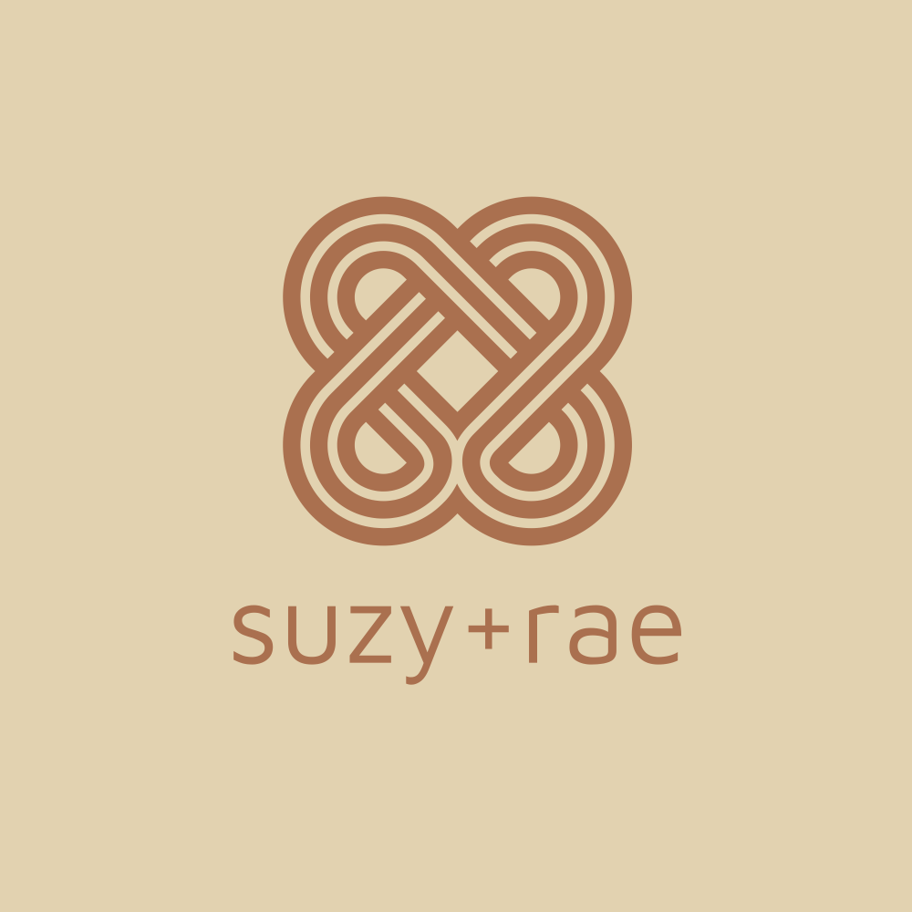 Logo featuring an intricate, interconnected knot design and the text 'suzy+rae' below it, on a beige background.