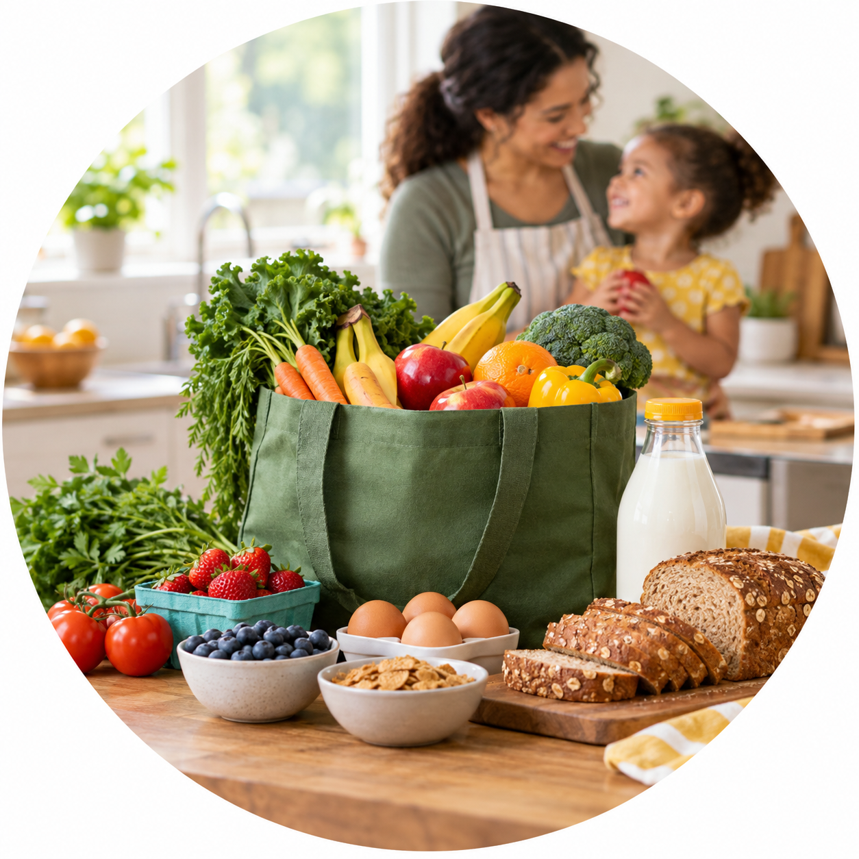 Bag of fresh groceries with a mother and young child in the kitchen.