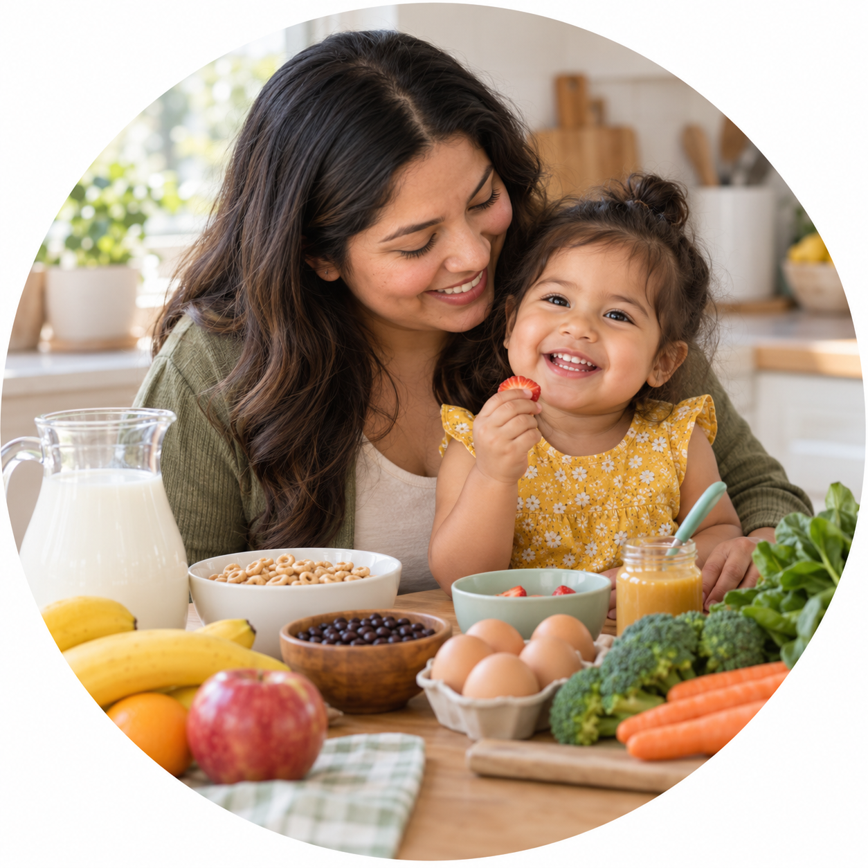 Mother and toddler enjoying nutritious foods together in their kitchen.