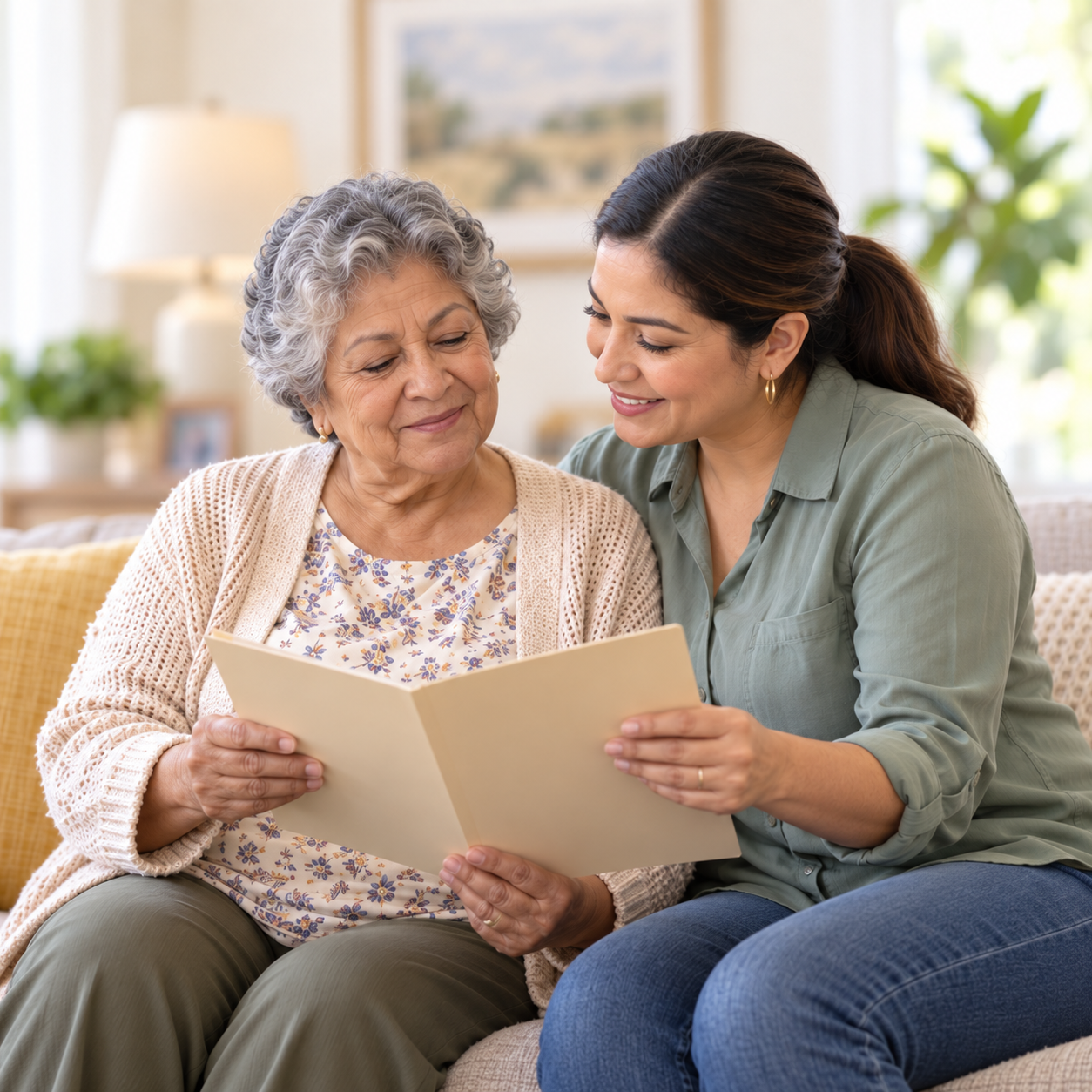 Caregiver helping an older woman review information together at home.