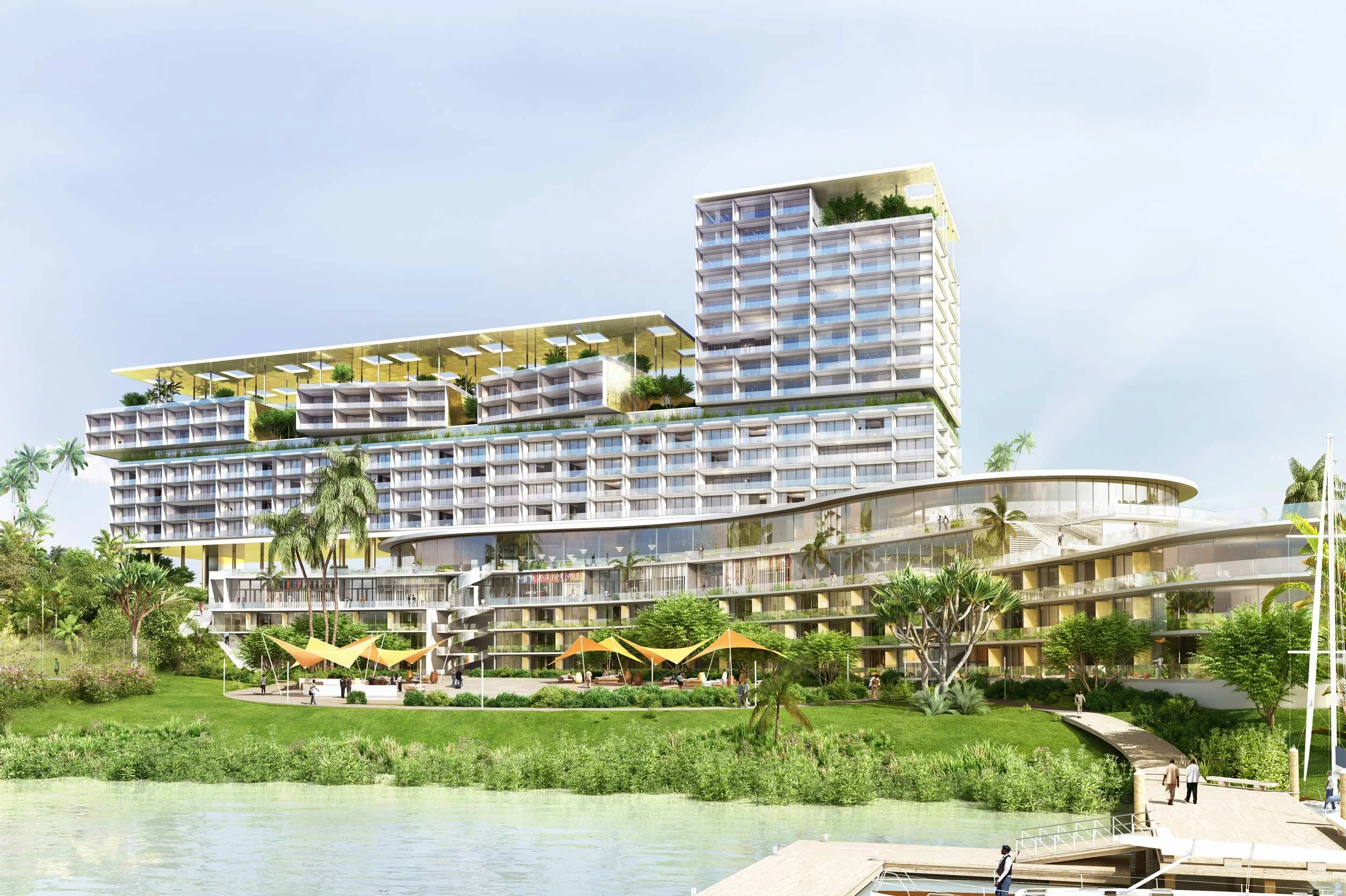 Un projet architectural de complexe résidentiel moderne avec plusieurs tours à plusieurs niveaux, intégrant des espaces verts et des zones de loisirs en plein air, entouré de verdure et d'eau.