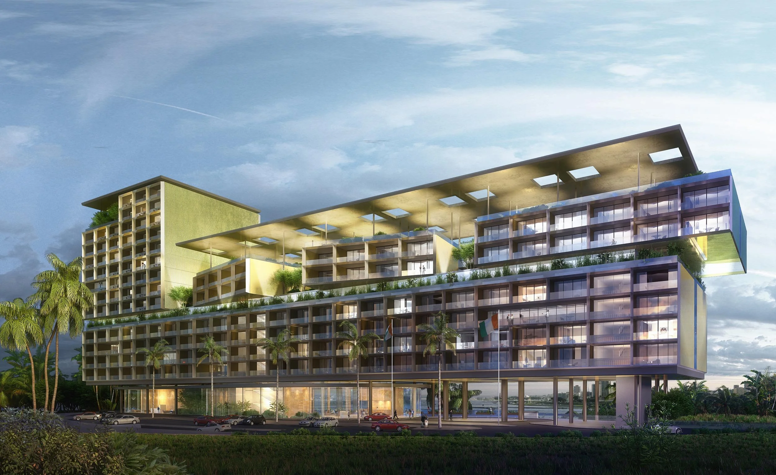 Une conception architecturale moderne d'un bâtiment multifonctionnel avec plusieurs niveaux, avec des structures en porte-à-faux, des balcons en verre, entouré de palmiers et d'un stationnement au sol, sous un ciel nuageux. 