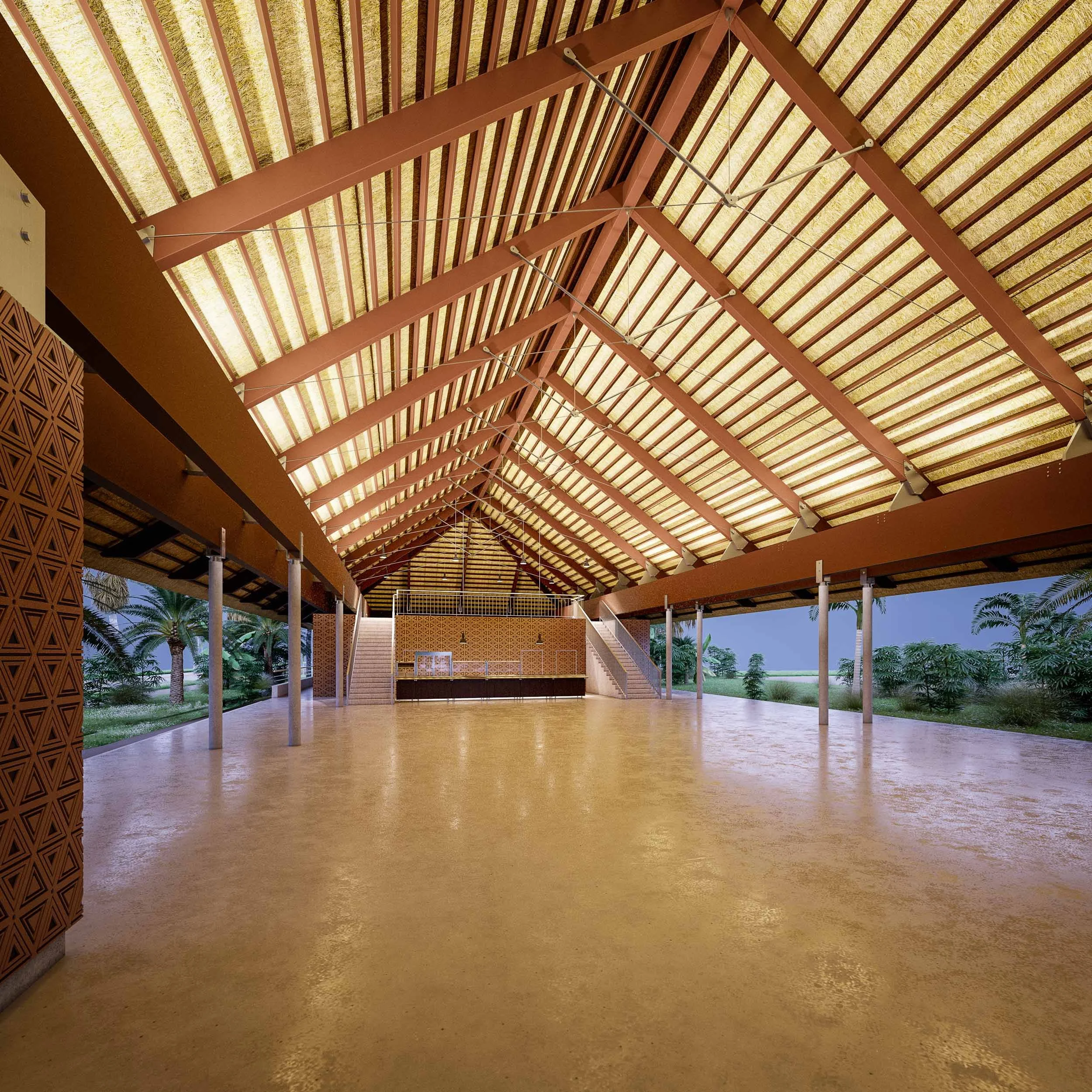 Toit en paille avec structure en bois, grande salle ouverte avec sol en béton, escalier menant à une plateforme, décorations en motifs géométriques, vue extérieure de palmiers et d'arbustes.