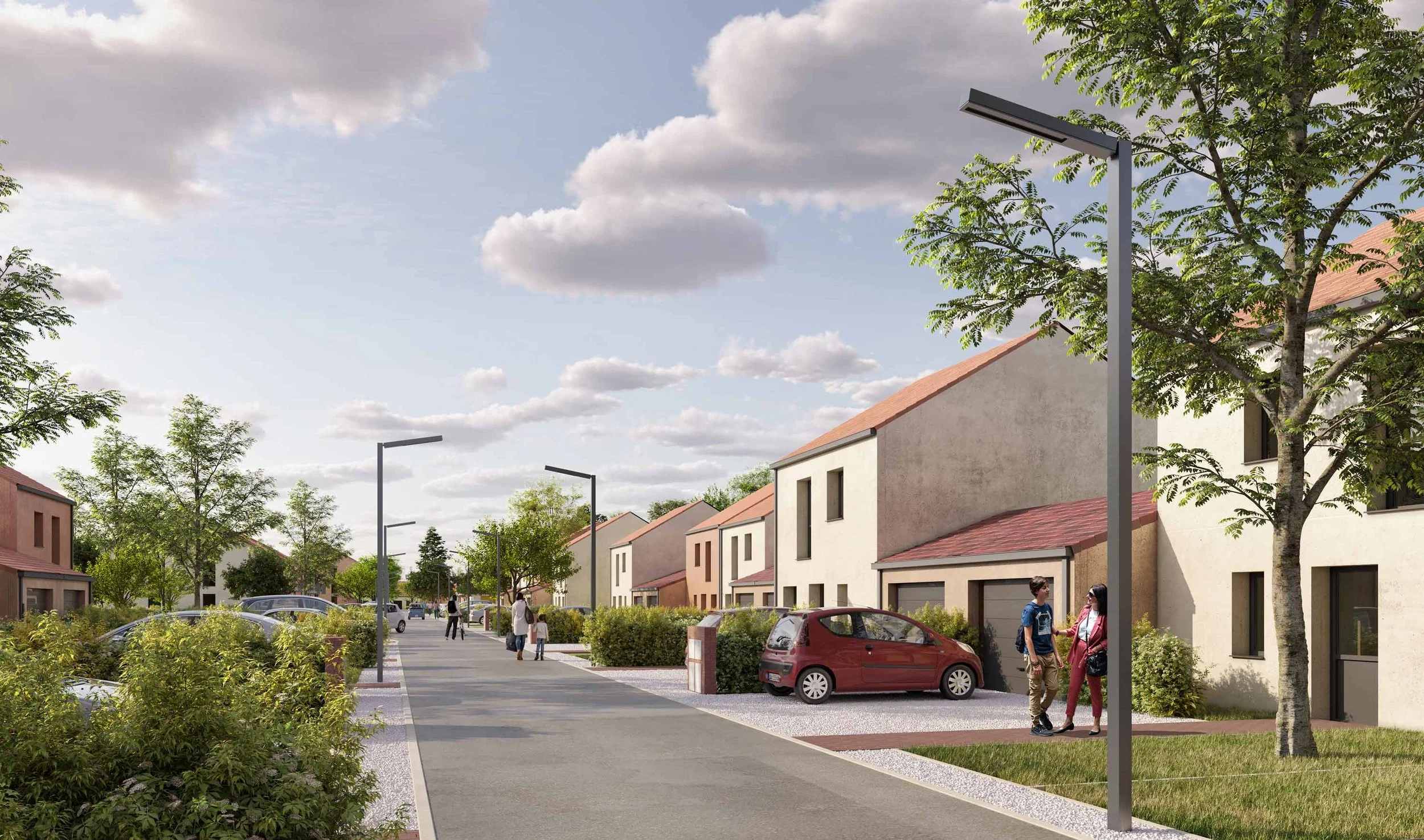 Un quartier résidentiel avec des maisons modernes, une voie piétonne, des lampadaires, des arbres et des véhicules garés, quelques personnes discutant et se promenant.