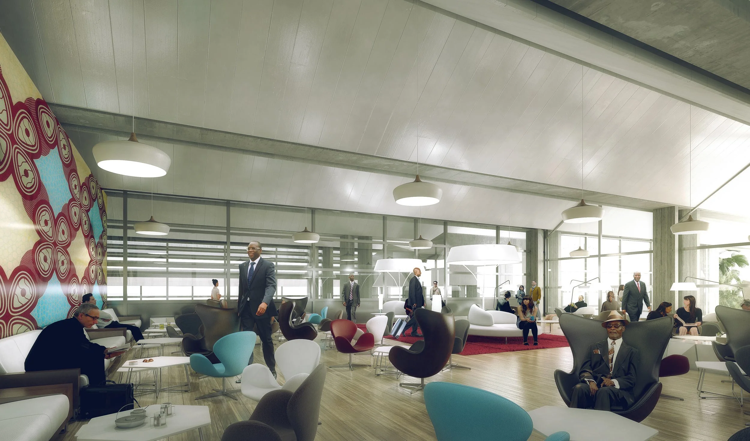 Une salle d'attente moderne avec des fauteuils colorés, de nombreuses personnes en tenue professionnelle, des lampes suspendues et une grande fenêtre laissant entrer la lumière naturelle.