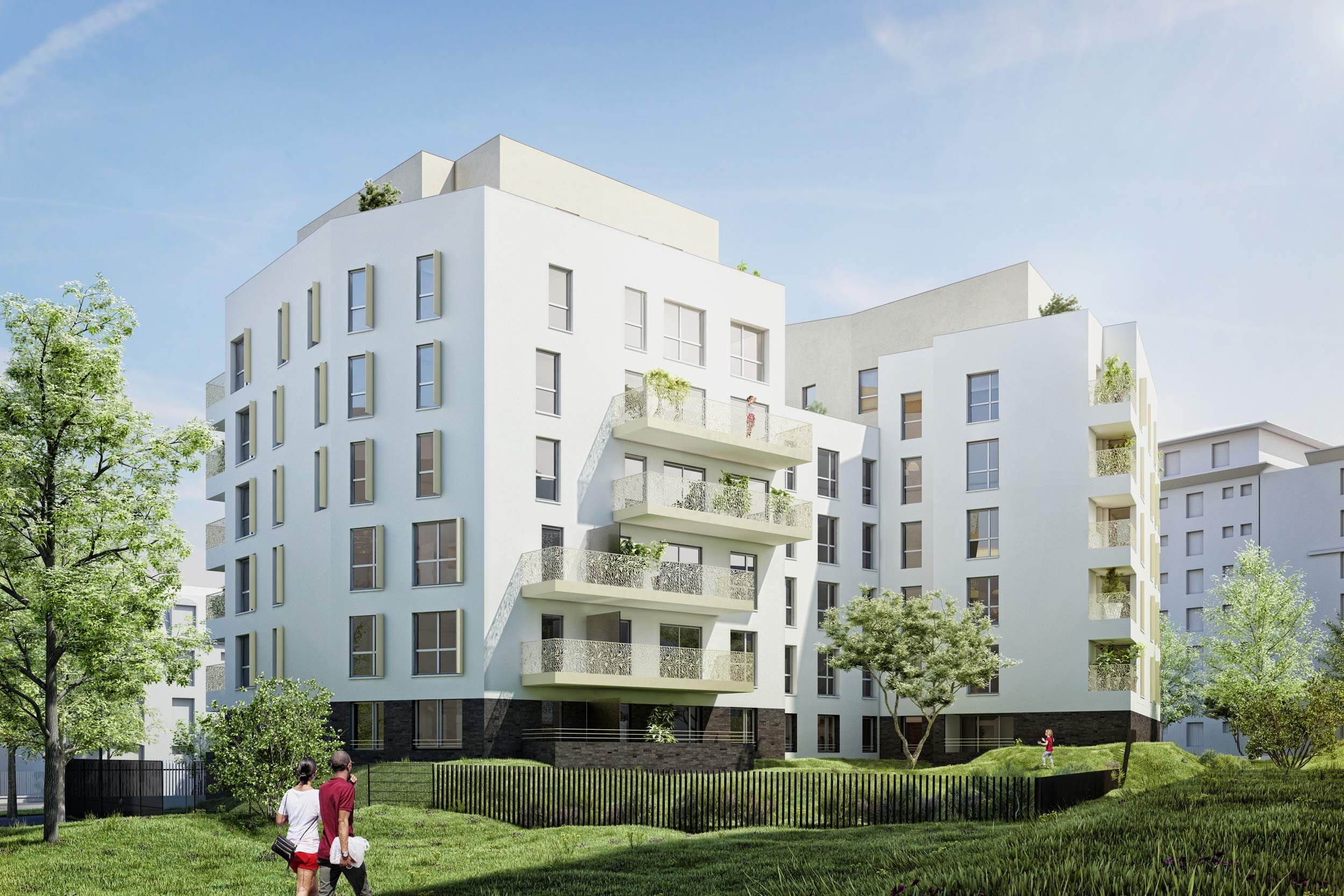 Visualisation d'un immeuble résidentiel blanc avec plusieurs balcons, entouré d'arbres et de verdure, avec quelques personnes se promenant dans le parc.
