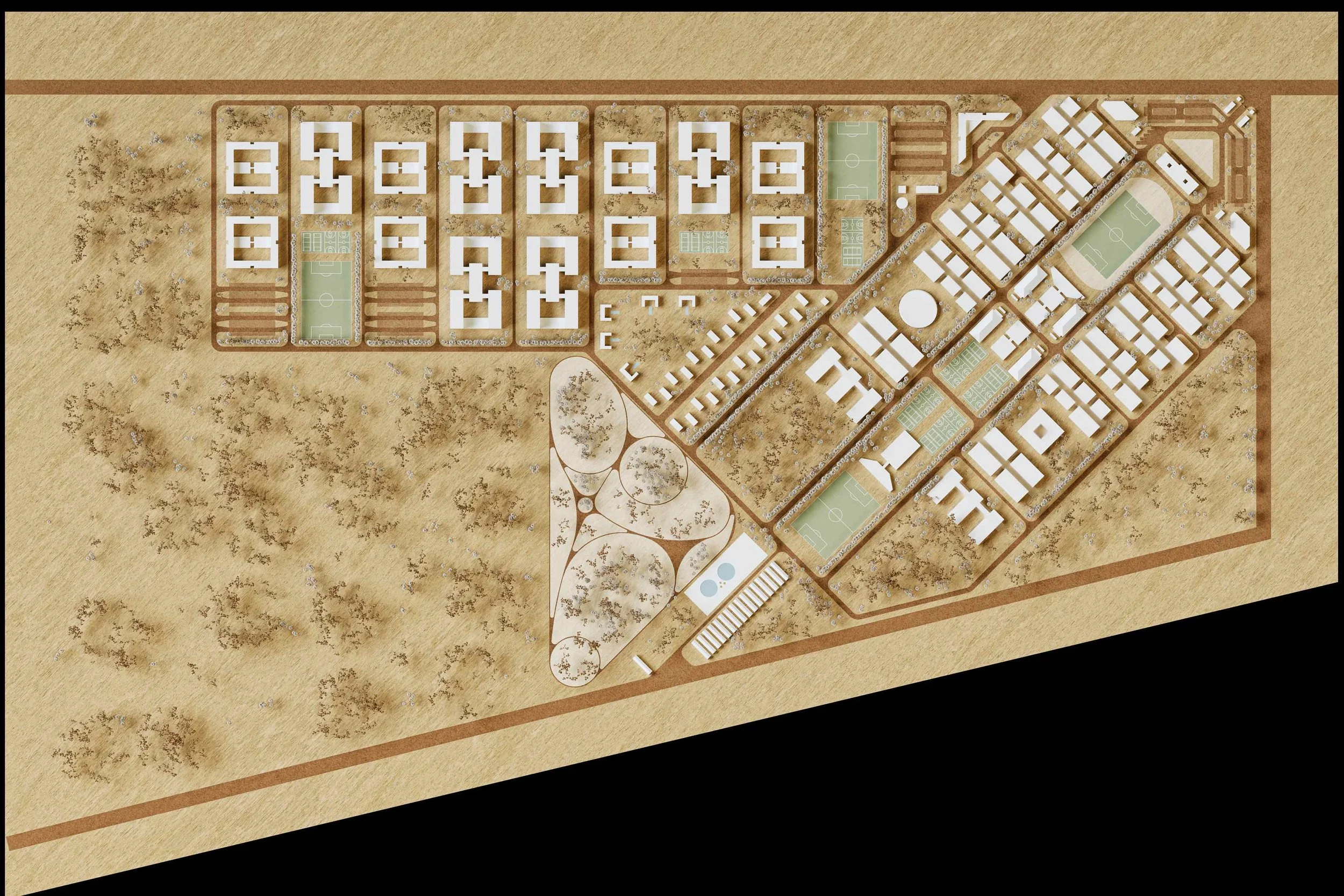 Plan architectural d'un complexe résidentiel avec bâtiments, terrains de sport, espaces verts et zones de loisirs.