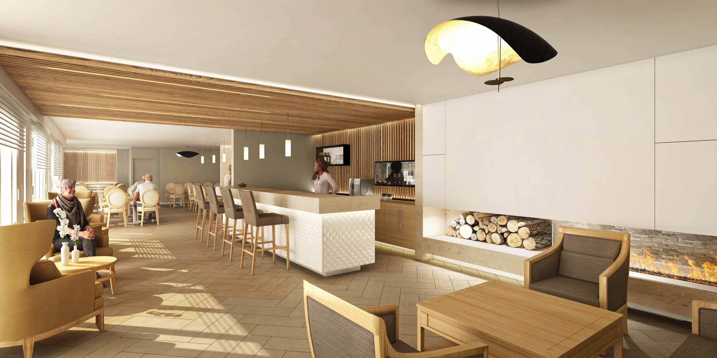 Intérieur d'un salon avec un bar en bois, cheminée décorative, fauteuils en bois clair, et un plafond en bois avec un éclairage moderne, plusieurs personnes assises et discutant.