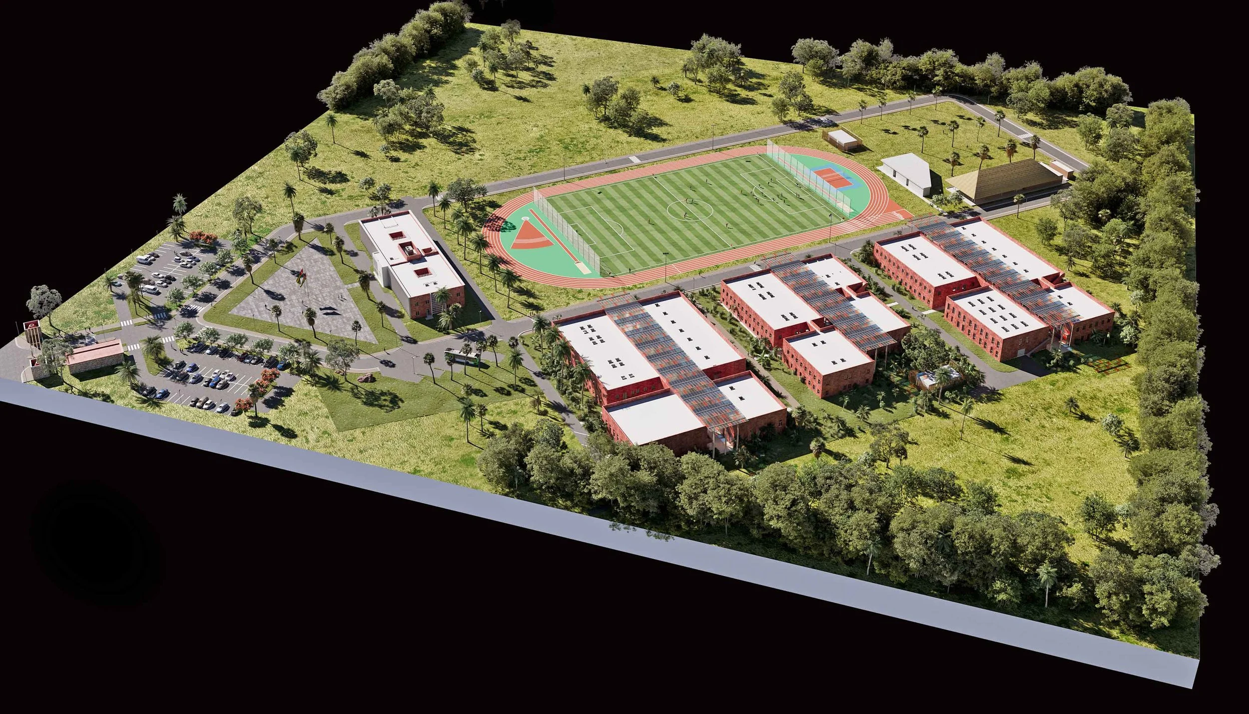 Plan d'un campus scolaire avec terrains de sport, bâtiments, parking et zones vertes.