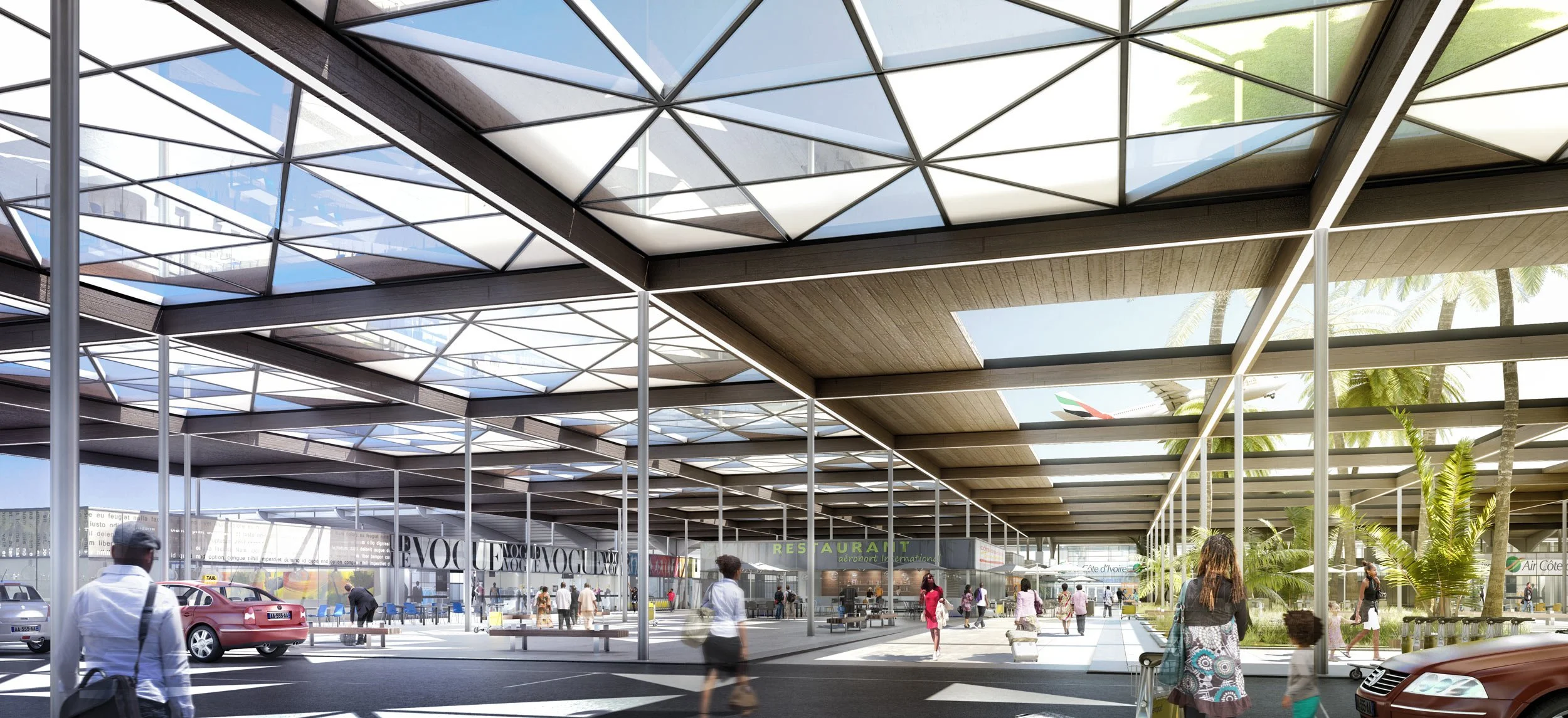 Vue de l'extérieur d'un aéroport avec sa grande façade vitrée, plusieurs personnes marchant, des voitures garées ou en mouvement, et un panneau indiquant un restaurant. Palmiers et avion visible en arrière-plan.