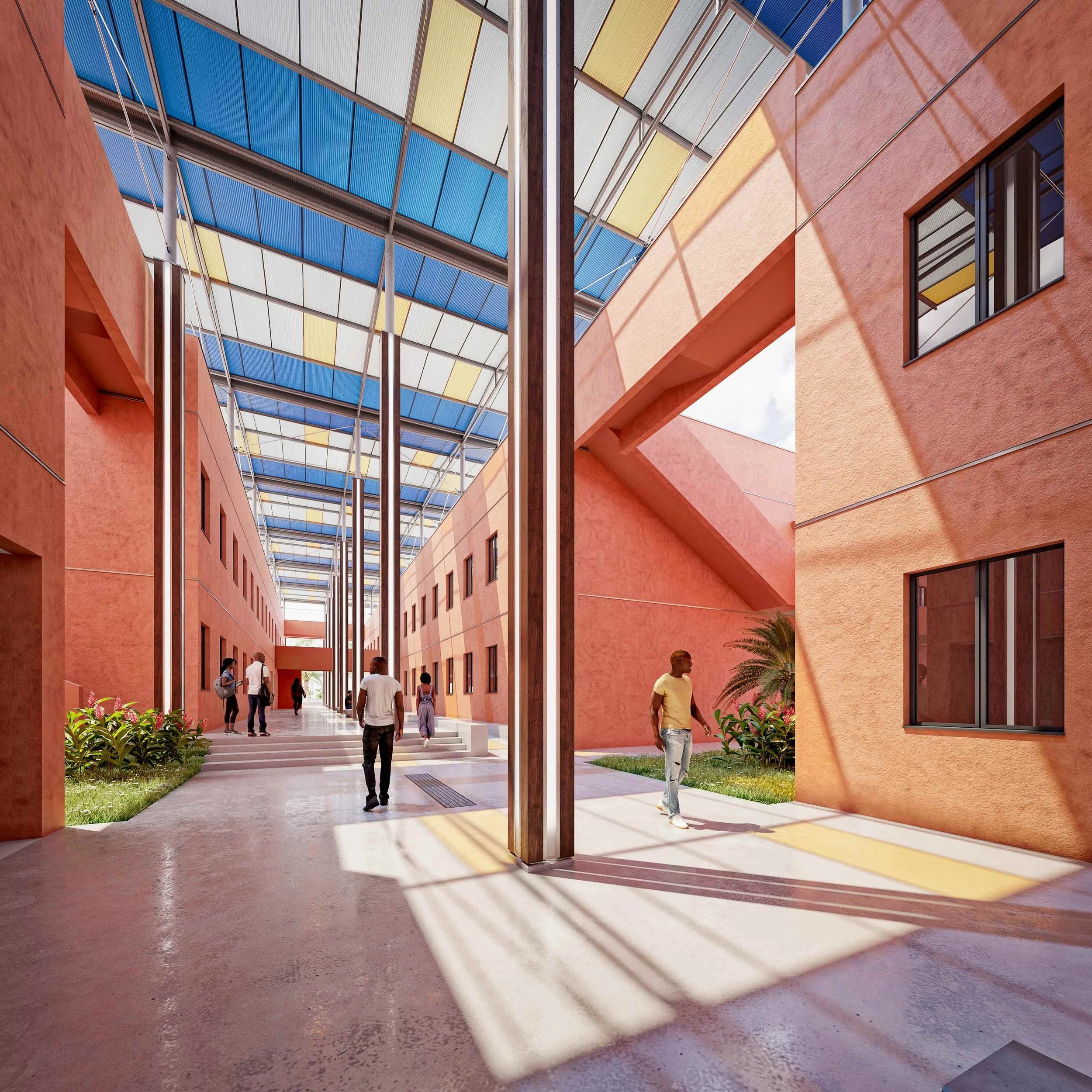 Vue d'un espace intérieur moderne avec des bâtiments en brique rose, un plafond en verre coloré, et des personnes marchant dans un couloir ouvert.
