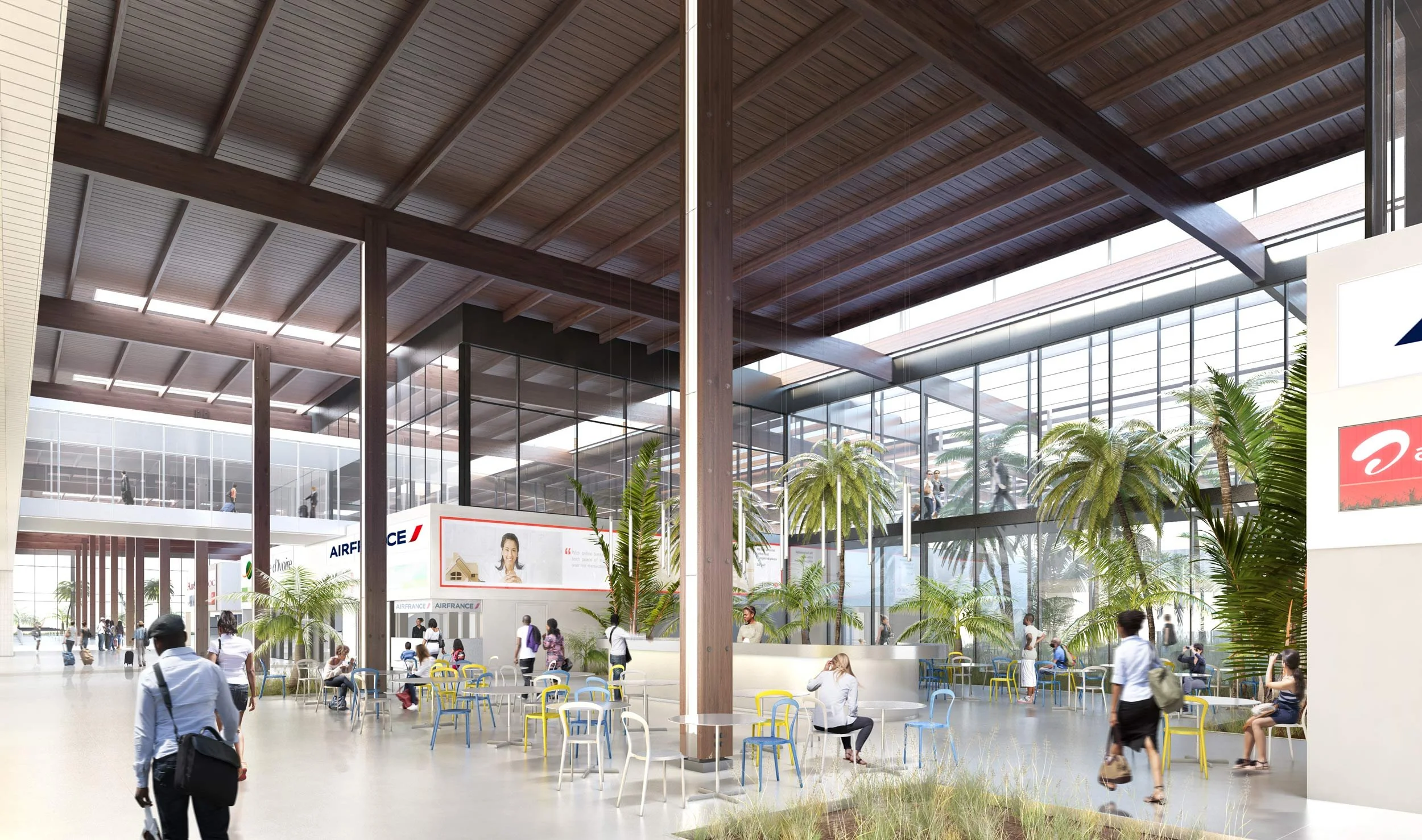 Vue intérieure d'un aéroport moderne avec des espaces d'attente, des plantes vertes, des détails en bois, et des gens assis ou marchant.