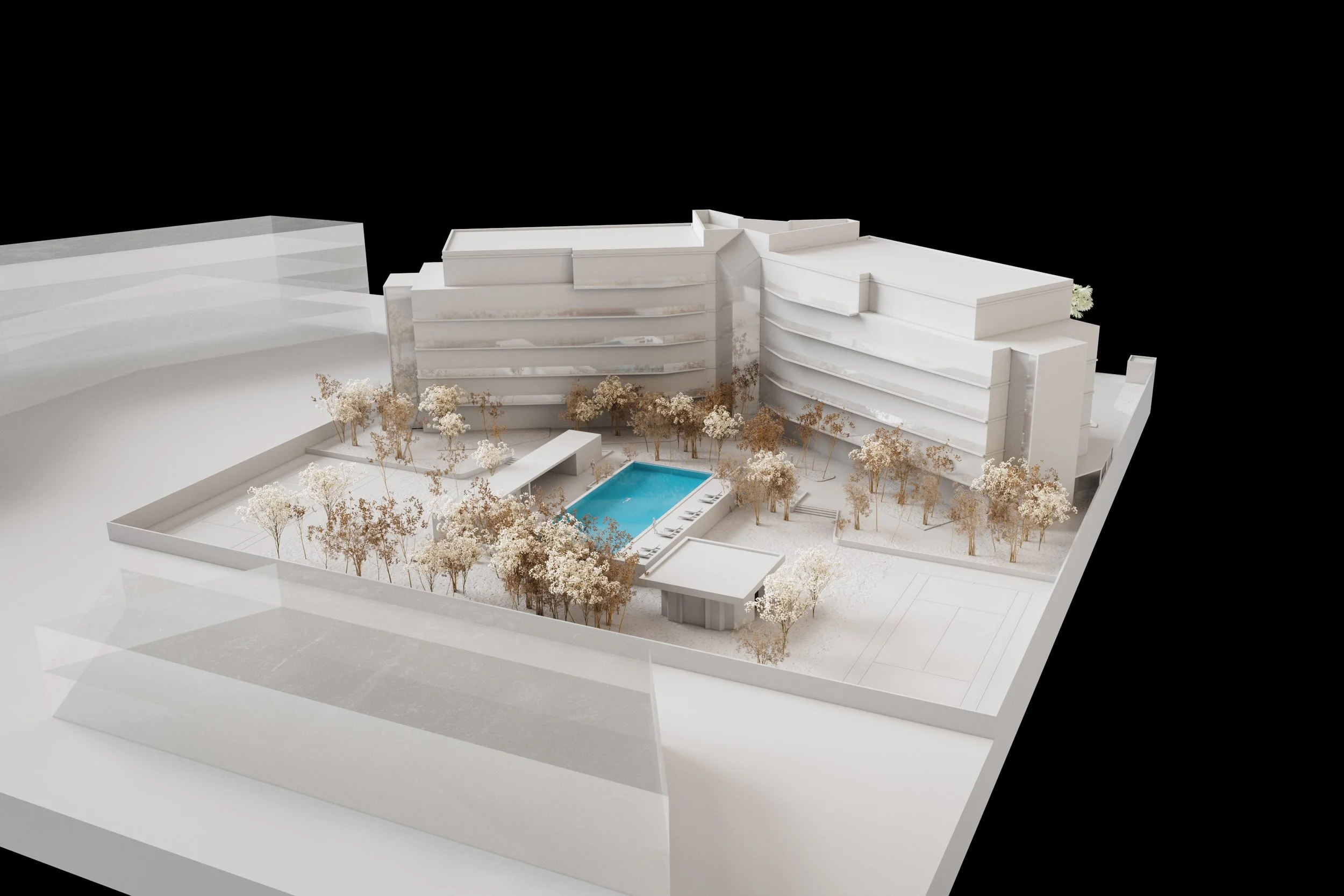 Modèle architectural d'un complexe résidentiel avec un bâtiment blanc à plusieurs étages, une piscine centrale, des arbres et une piscine gratuite dans un environnement urbain.