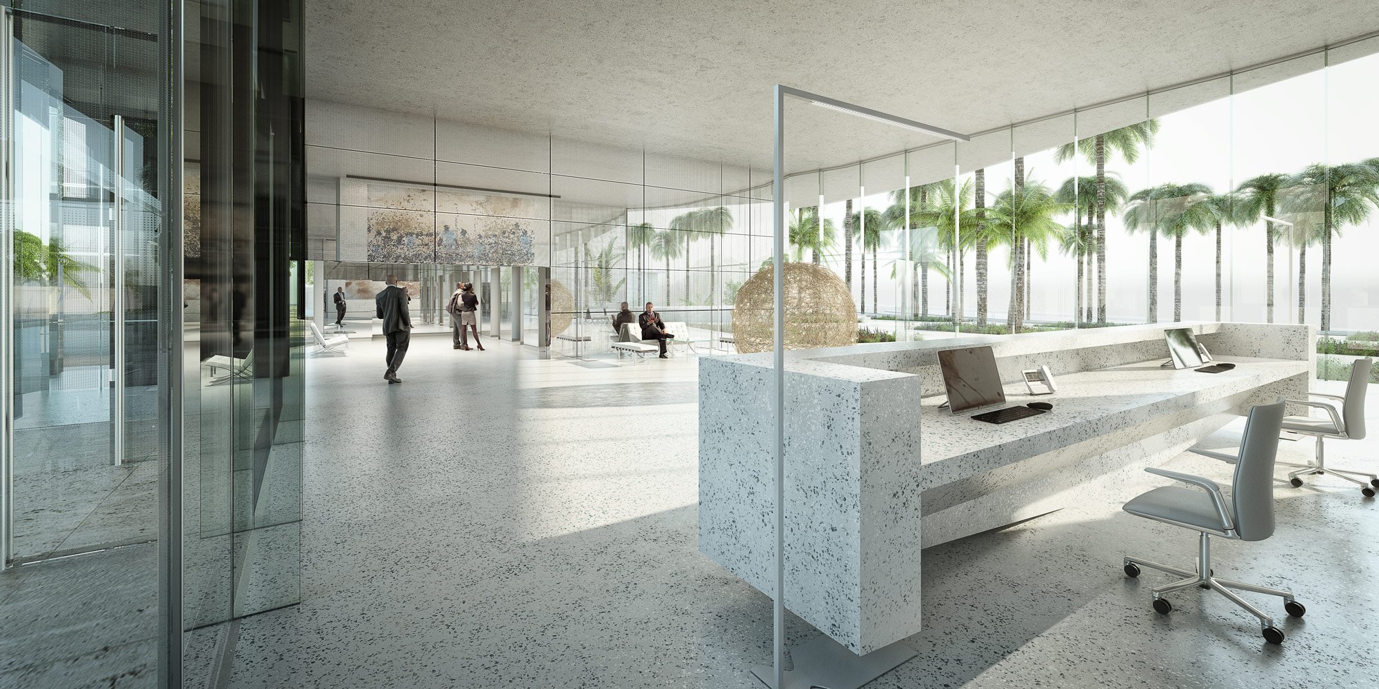Hall d'entrée moderne d'un bâtiment avec un comptoir en pierre, des ordinateurs, des chaises de bureau, une grande baie vitrée donnant sur une rangée de palmiers, et quelques personnes assises ou passant.
