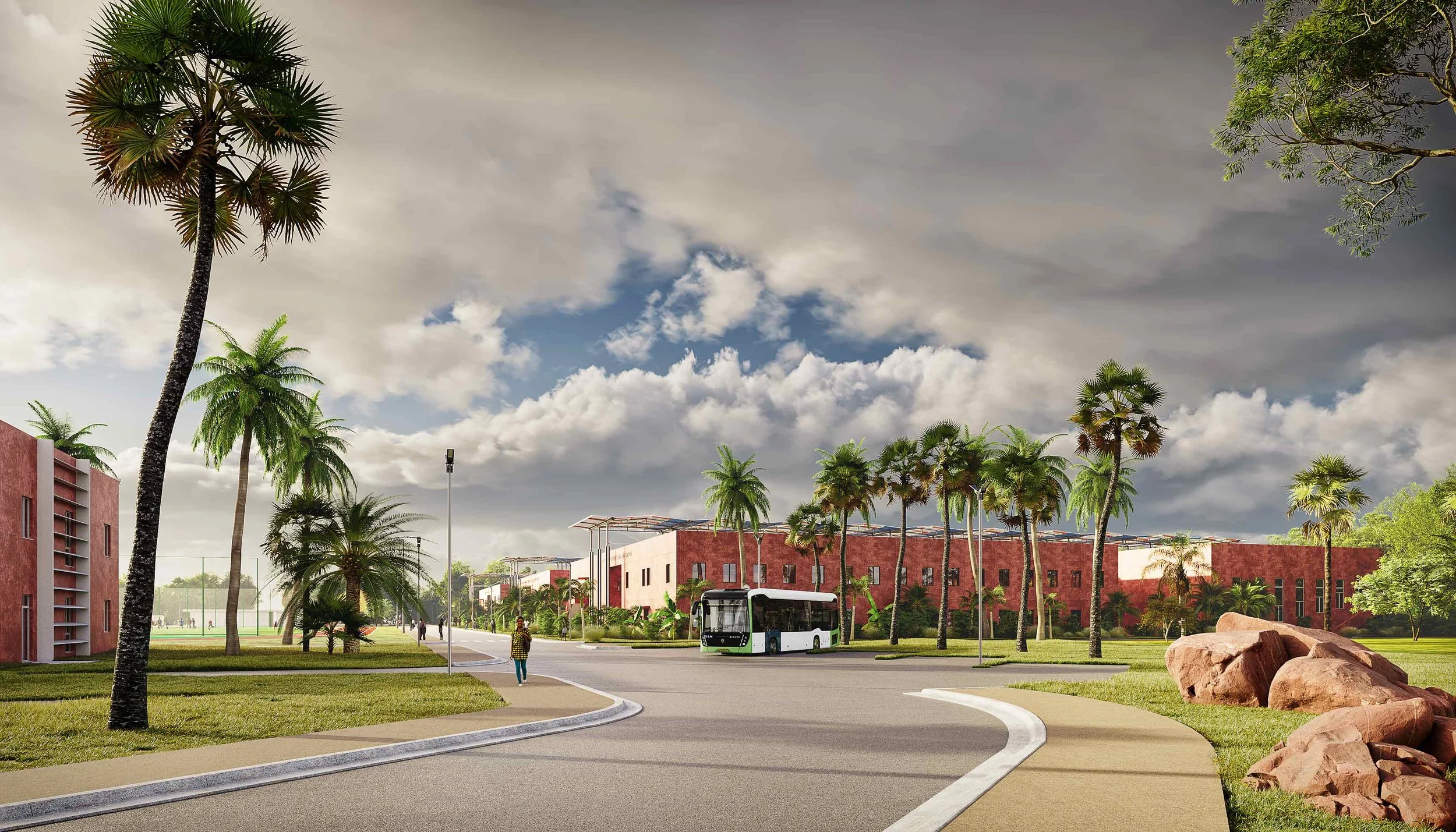 Une scène urbaine avec des palmiers, un bâtiment en brique rouge, un bus électrique blanc, des passants et un ciel nuageux, dans un environnement tropical.
