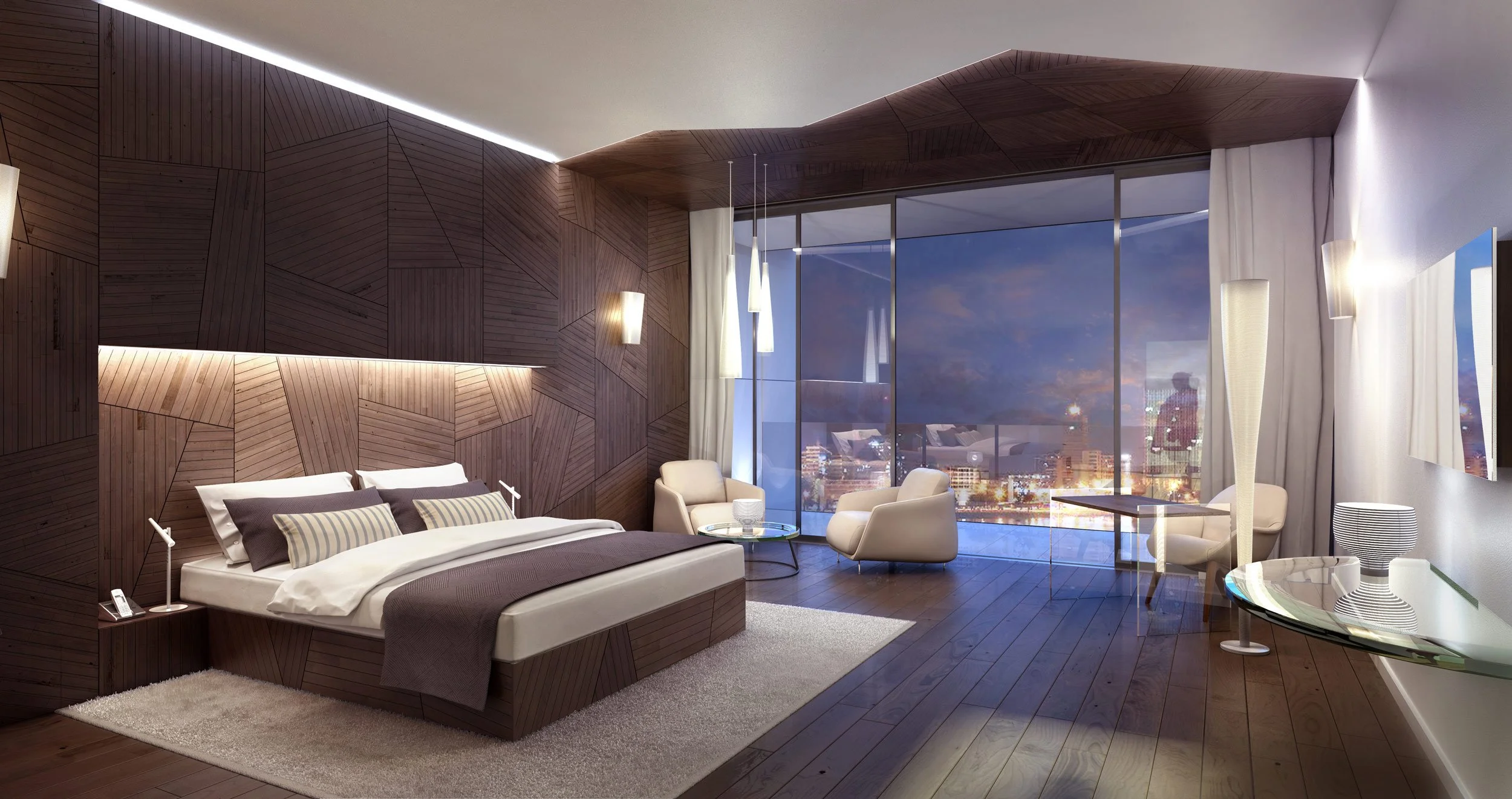 Chambre moderne avec lit au centre, mur en bois, grands fenêtres offrant vue sur la ville nocturne, fauteuils élégants, lampes design, décor minimaliste et lumineux.