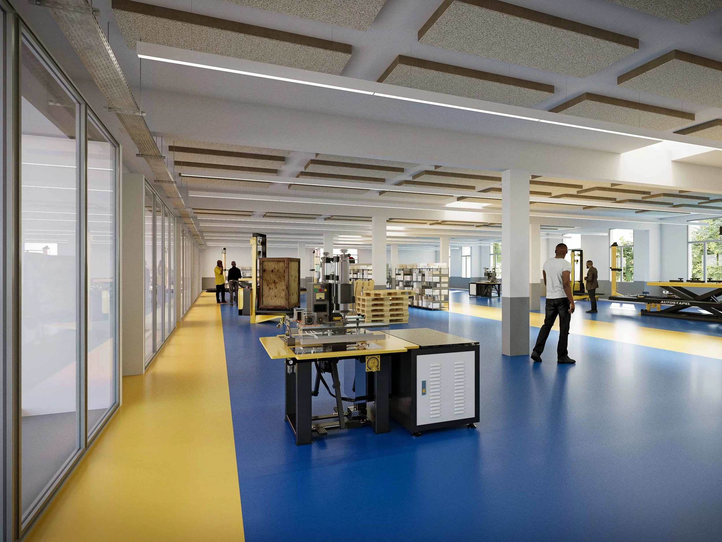 Un espace de travail moderne avec des machines et des rayonnages, peu de personnes présentes, grande luminosité naturelle.