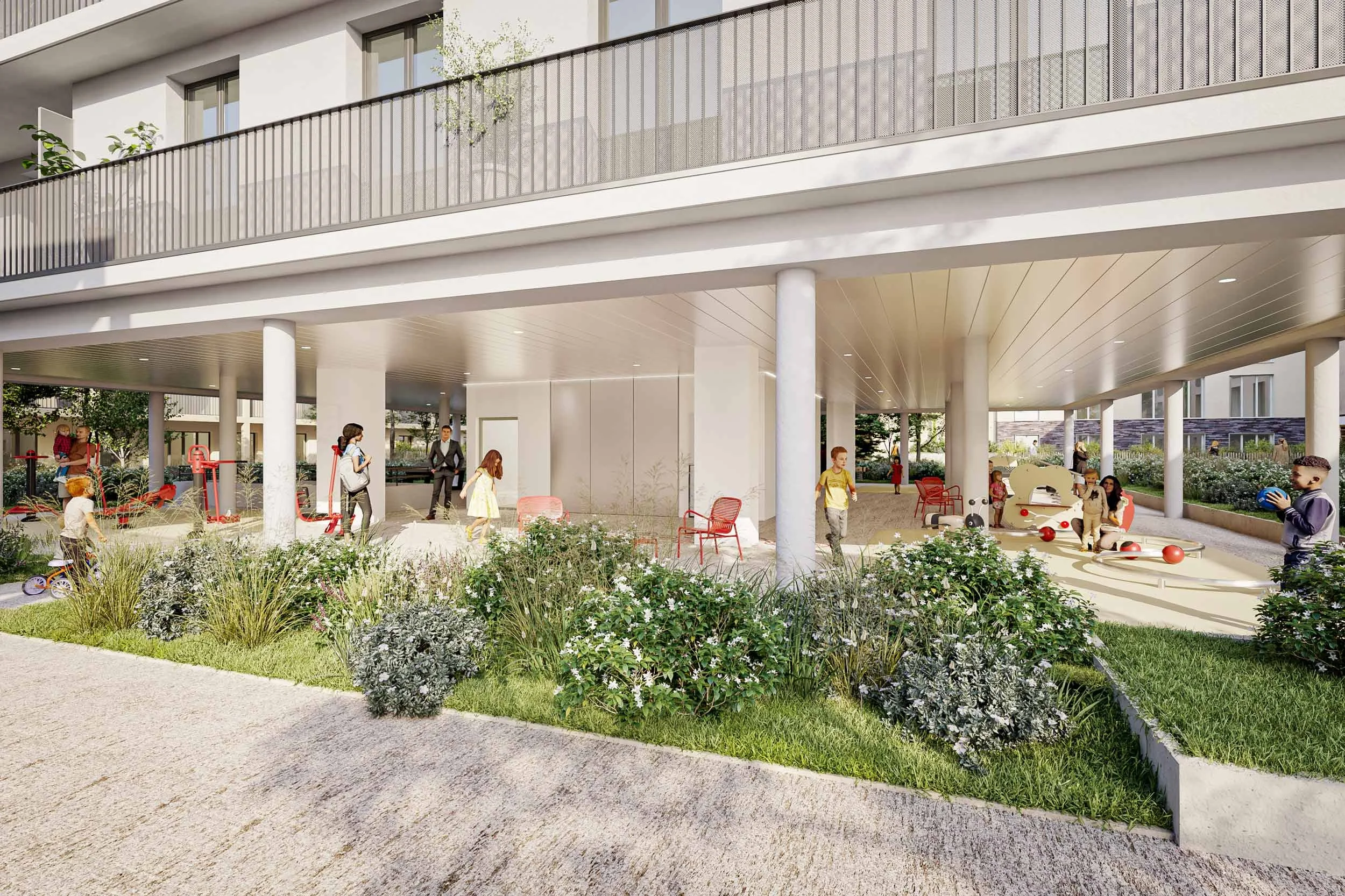 A playground area under an apartment building with children playing, adults supervising, a few benches, and green plants and flowers in the foreground.