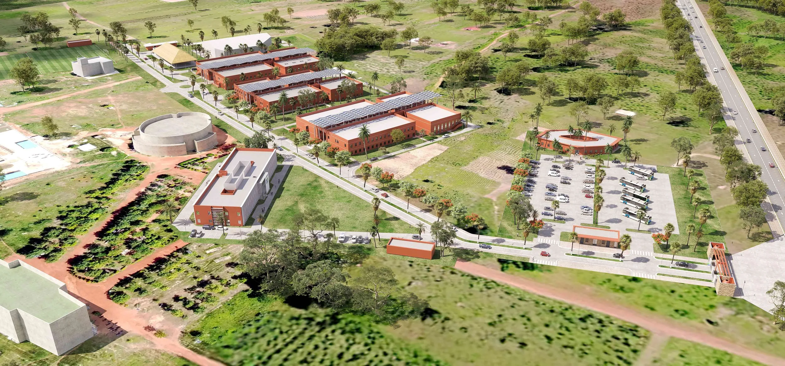 Plan d'un campus universitaire avec bâtiments, parking, terrains sportifs et espaces verts