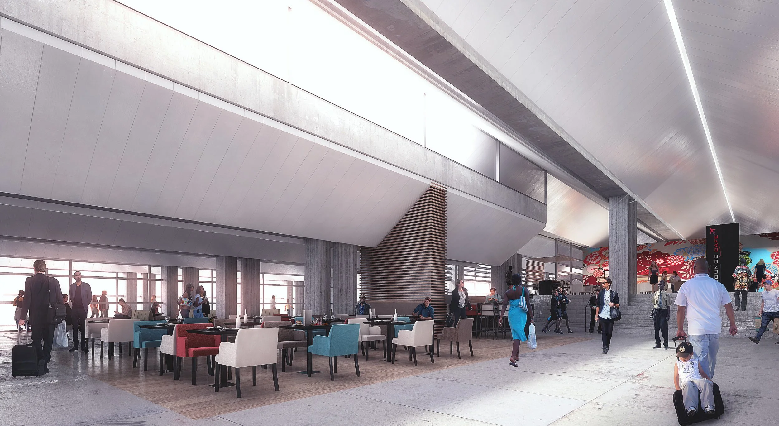 Vue intérieure d'un aéroport avec des passagers, un espace de restauration, grandes fenêtres lumineuses et un plafond contemporain.