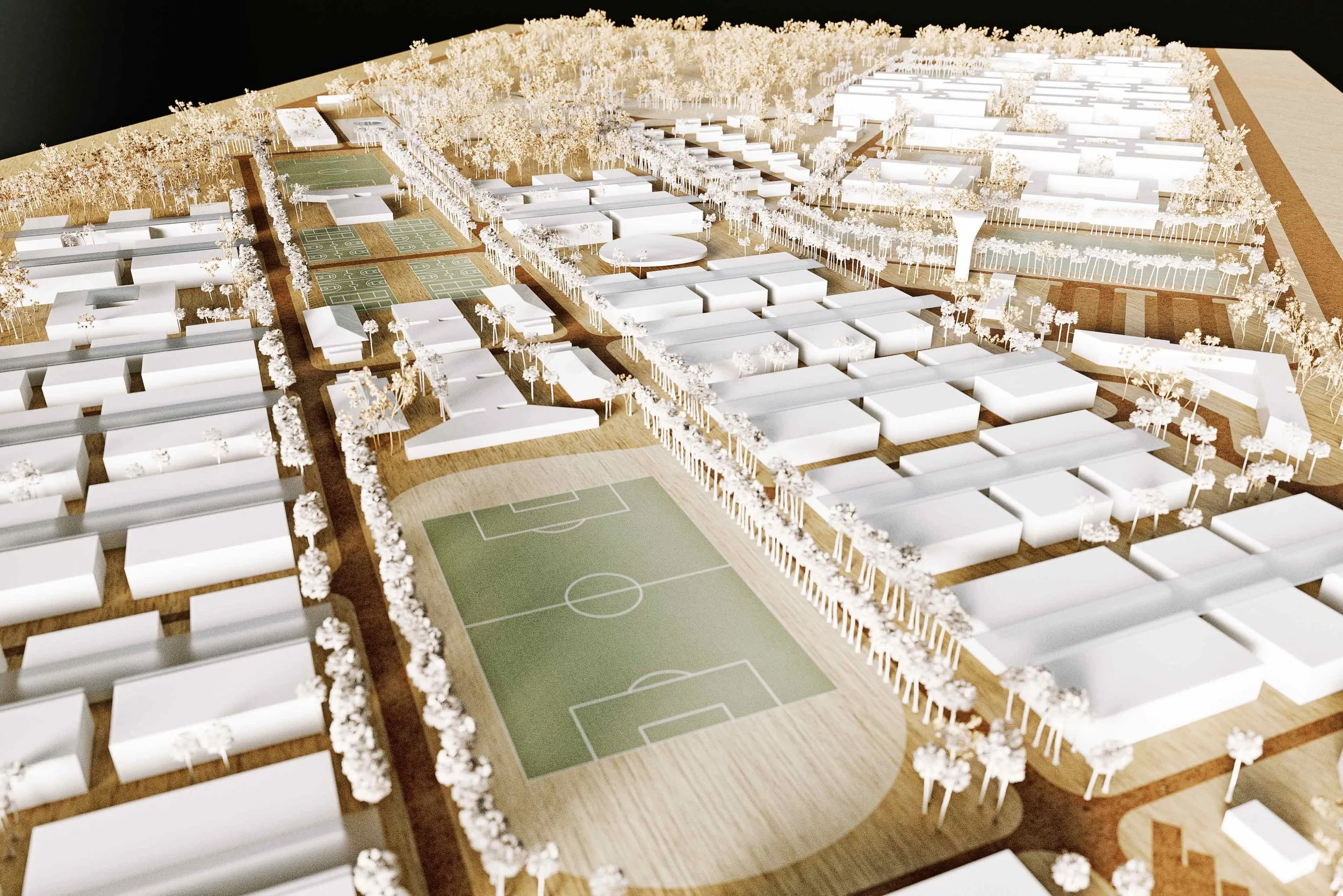 Modèle architectural d'un plan urbain avec des bâtiments blancs, des rues bordées d'arbres et plusieurs terrains de sport, notamment un terrain de football, dans un environnement organisé et paysagé.