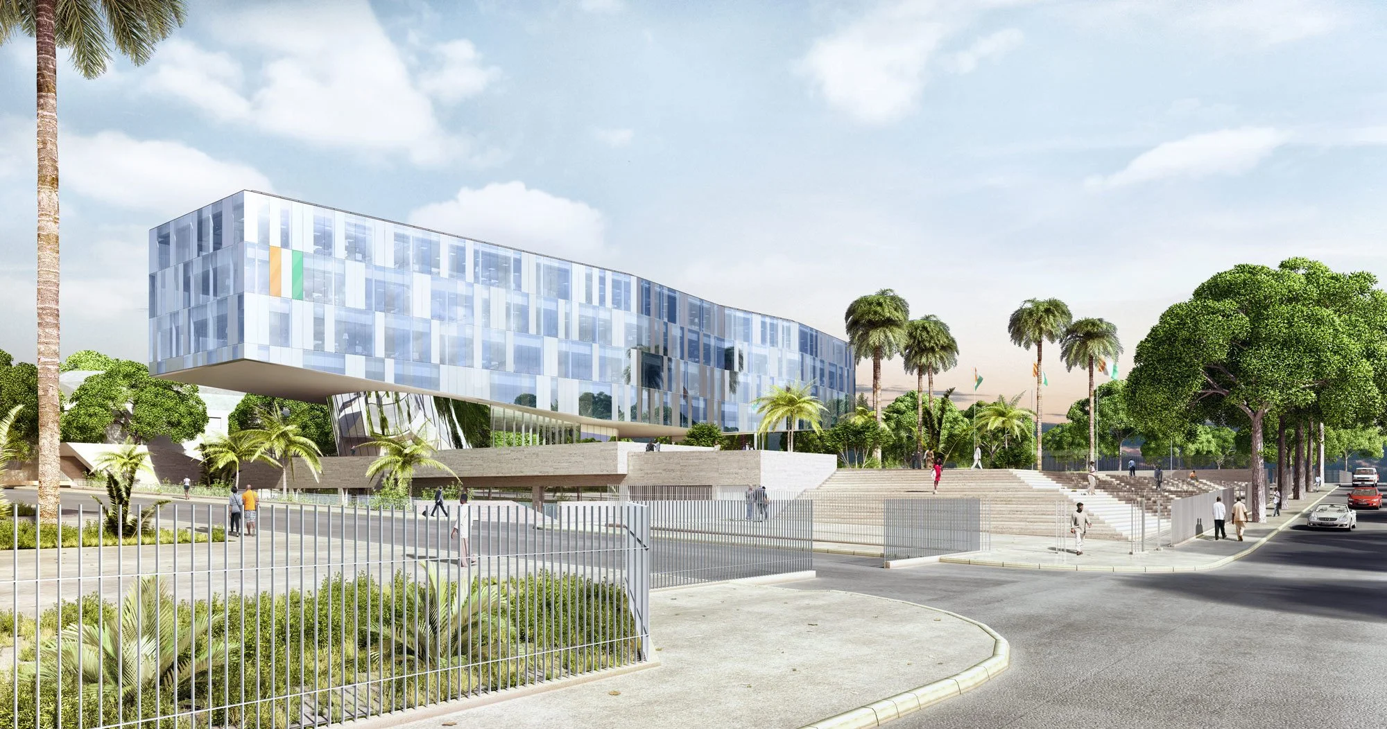 Une illustration d'un bâtiment moderne avec une façade en verre, entouré d'arbres et de palmiers, avec une zone d'escaliers et des piétons en avant-plan.