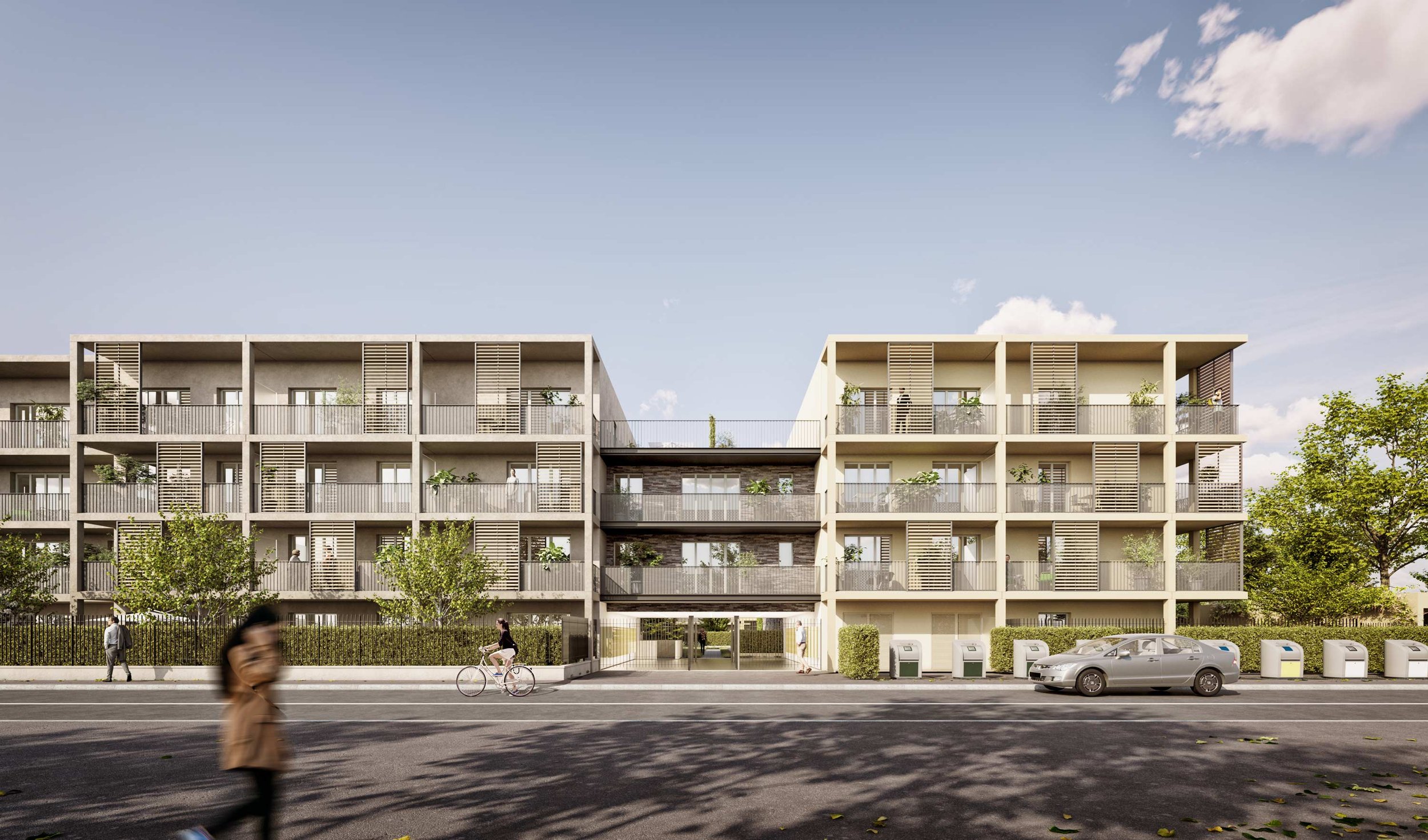 Image d'un bâtiment résidentiel moderne avec plusieurs étages et balcons, vue de face. Mia en bas, on voit des arbres, une voiture, des piétons, et une personne à vélo sur la route.