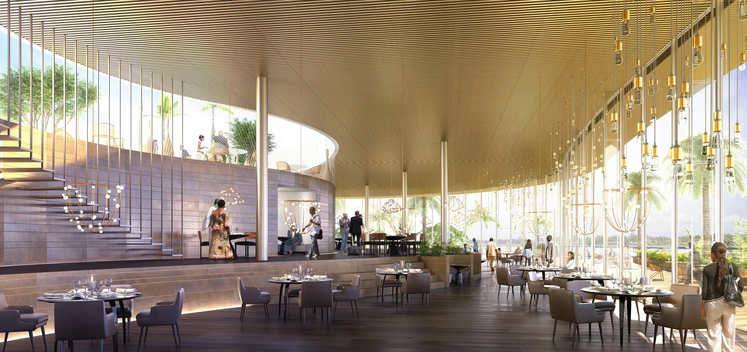 Intérieur d'un restaurant avec des tables, des chaises, des grandes fenêtres laissant entrer la lumière naturelle, et des plafonds en bois avec des luminaires design.