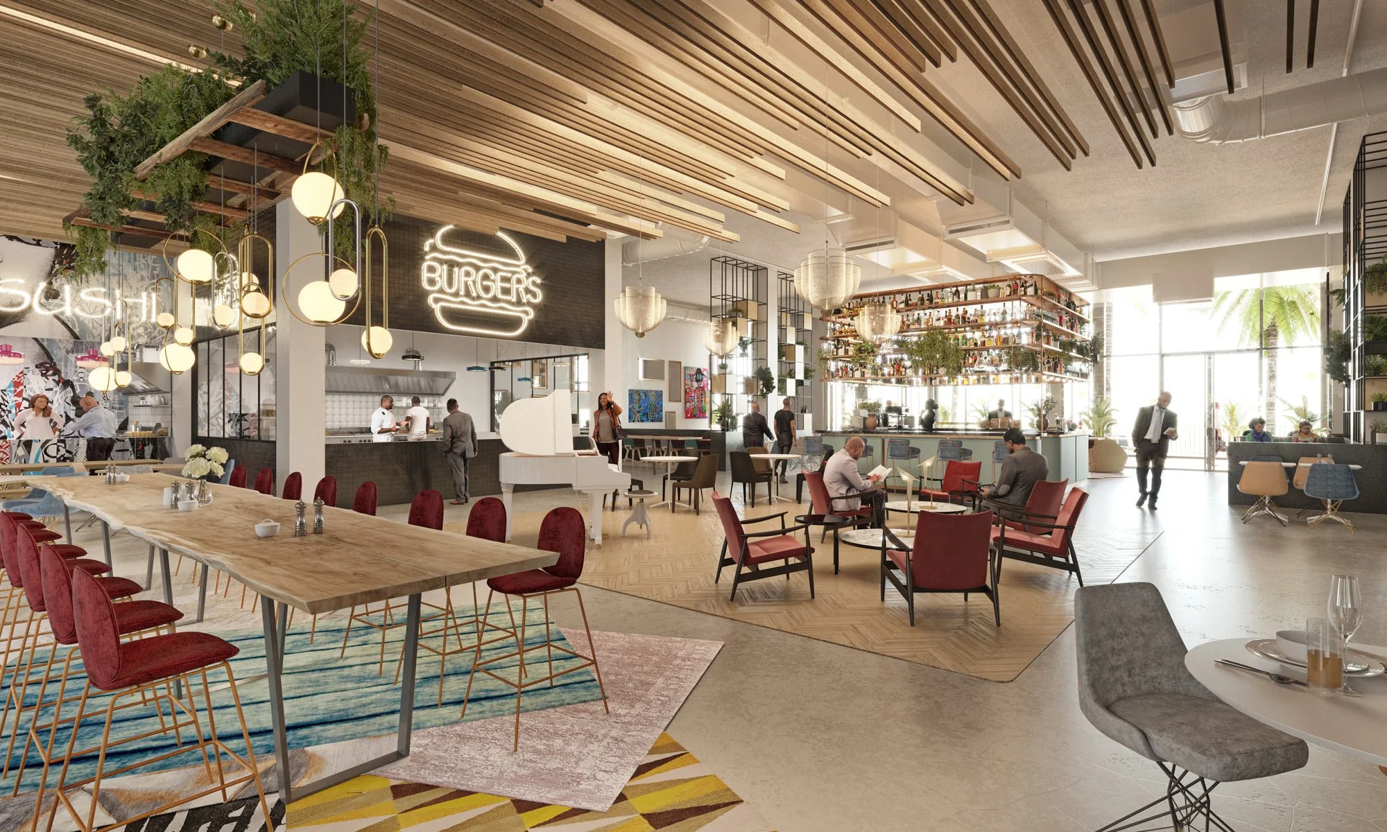 Intérieur d'un restaurant moderne avec des tables et des chaises, un bar, une cheminée blanche, et des décorations végétales suspendues, avec de grandes fenêtres laissant entrer la lumière naturelle.