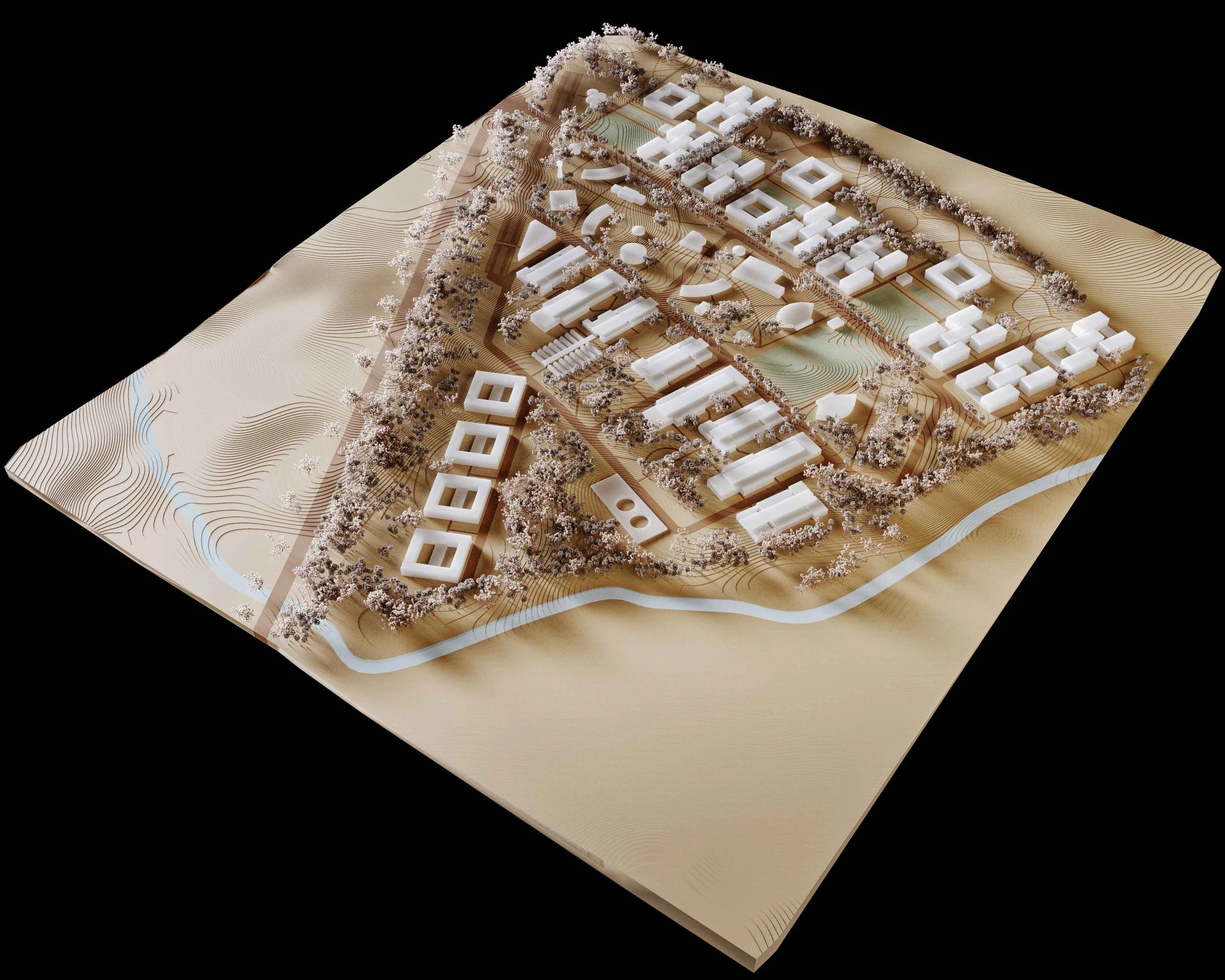 Maquette architecturale d'un développement urbain avec des bâtiments blancs, des espaces verts et une rivière, entourée d'arbres. Le tout en relief sur un fond naturel.